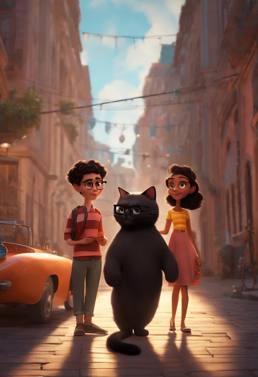 Create a bald boy with black square glasses and a girl with dark brown curly square hair, segurando um gato preto, Estilo dos desenhos animados da Pixar, Disney Pixar Estilo 3D