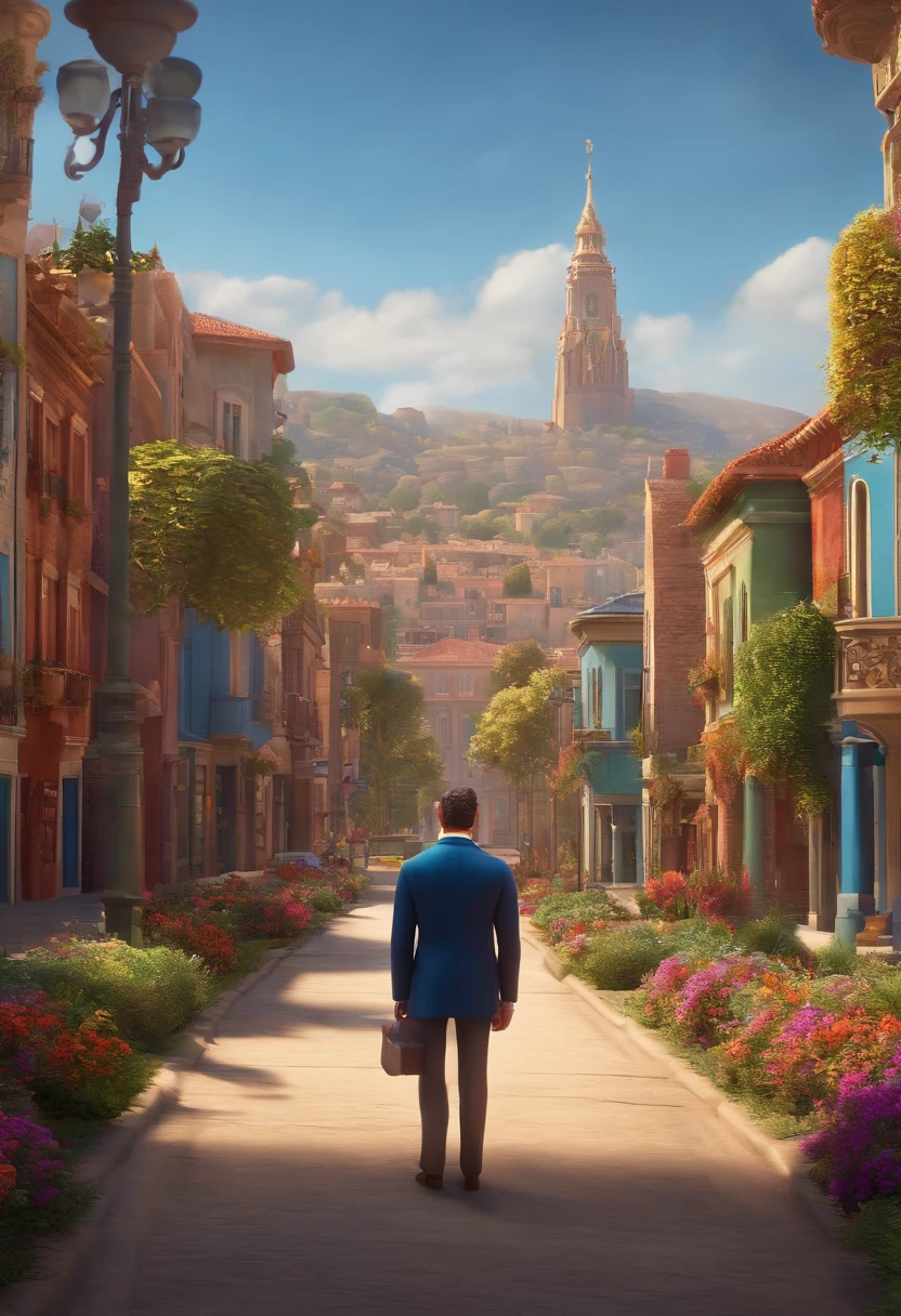 A city councilman looking at a dream project inspired by Pixar animation, de perto. The character takes center stage with captivating facial expressions, oferecendo um toque de irrealidade