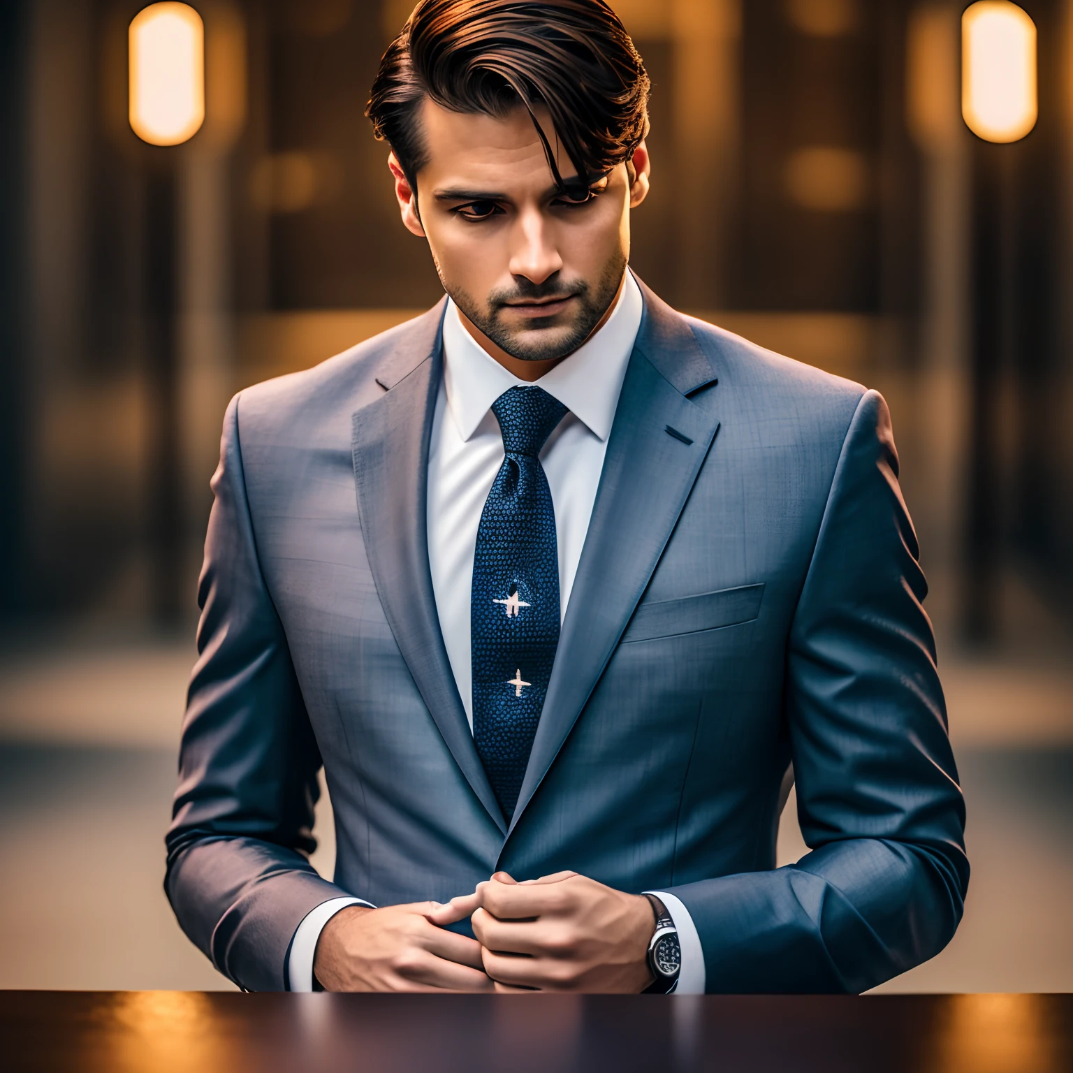 a Man standing with 30 years in suit and tie, body and head straight in the photo, DSRL, facing the viewer of the photo, eyes fixed to the lens, appears shoulders and head in the photo, man centered in the photo, 8k, best quality, masterpiece, realistic, realistic photo, movie photo, ultra realistic, 1 person, detailed,  Perfect lighting, DSRL, professional photo, 4k