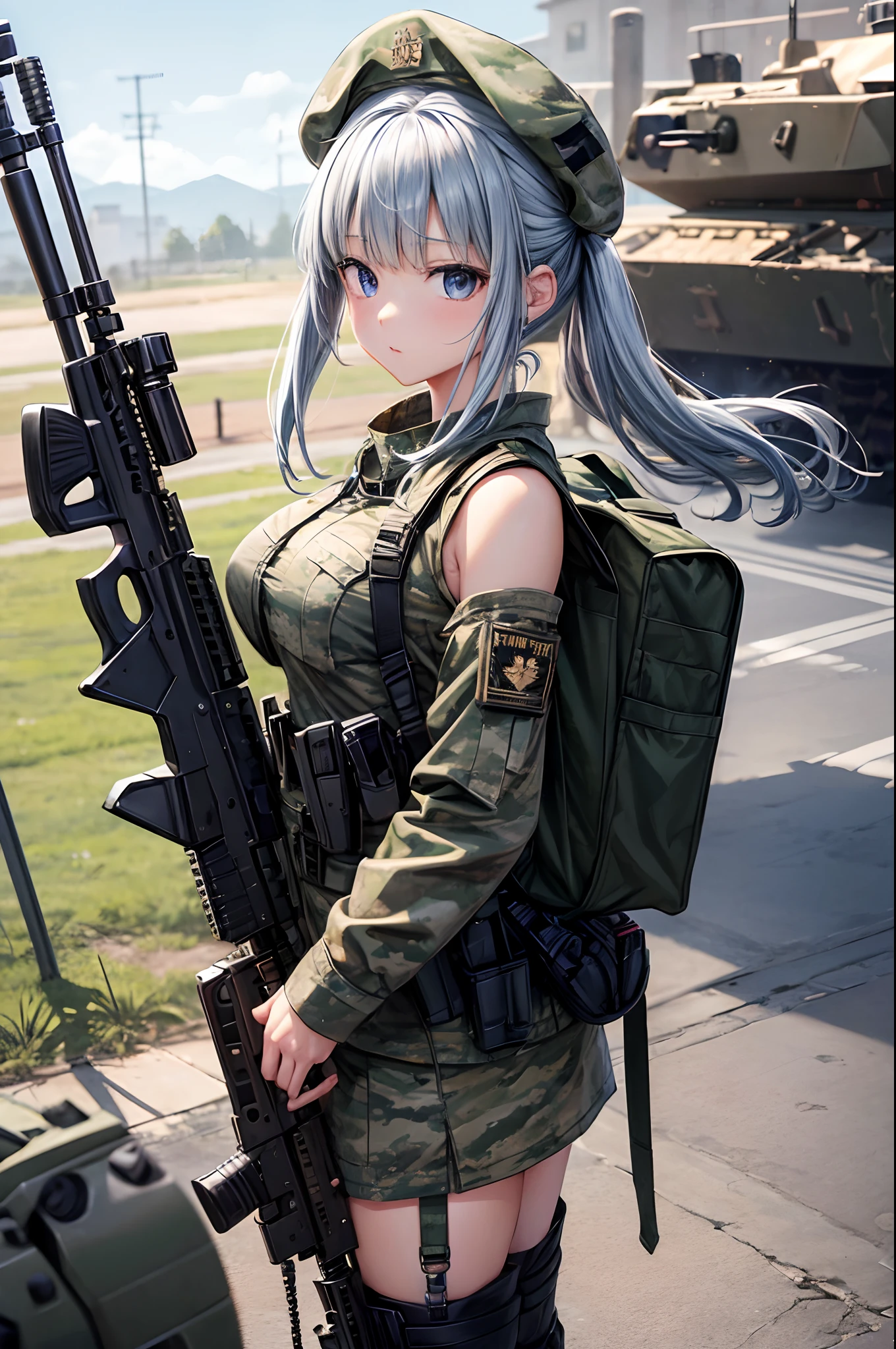 (top-quality、in 8K、32K、masterpiece、nffsw、超A high resolution、Impresionismo、Photorealsitic:1.2)、Colossal tits、Valley、cowboy shot、salute pose、 detailed faces and eyes、 Wasteland、battle field、tanks、Jack-o'-lanterns are put into the tank、beauitful face、blurry backround、16-year-old beautiful girl、shinny skin、Military Beret、Black tank top、Beautiful silver hair、poneyTail、Blunt bangs、The eyes are blue eyes、(:1.2)、Military boots、United States Army Official Assault Rifle、Carrying an assault rifle on your back、Curve、Stand on one knee、(Green U.S. Army Official Camouflage Uniform:1.2)、Open your mouth and smile、cross one's legs