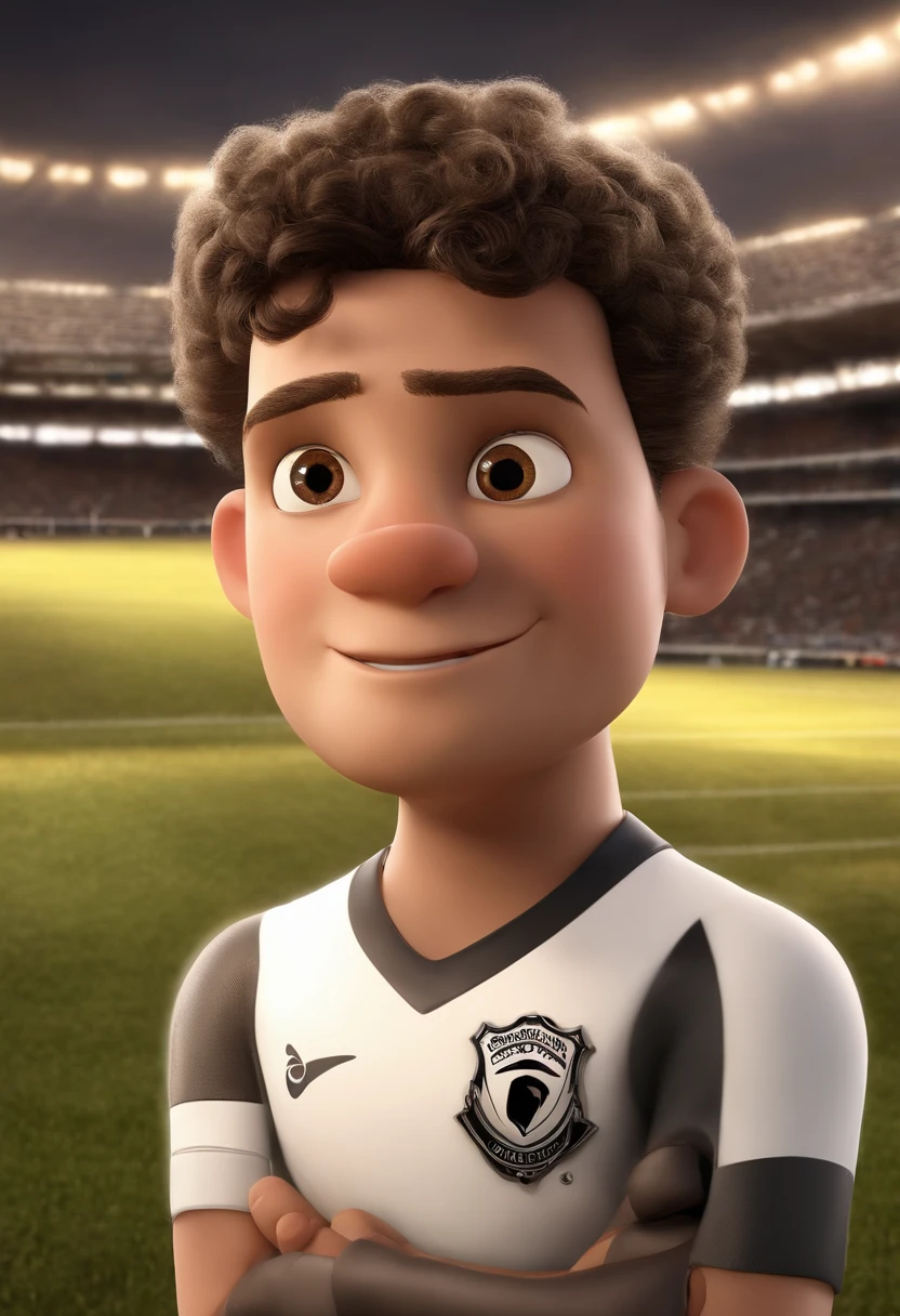 a Disney Pixar movie poster showing a white-skinned family. The father is the tallest, Tem barba bem curta, cabelo castanho, cabelos curtos, de topete. Older -yeld sir has brown hair, na altura dos ombros, slightly curled up and is also slightly overweight. O menino tem 12 anos e cabelos castanhos, medium topknot, todos vestem uma camisa listrada preta e branca do time de futebol Corinthians. The background is a football stadium. 3D-rendering