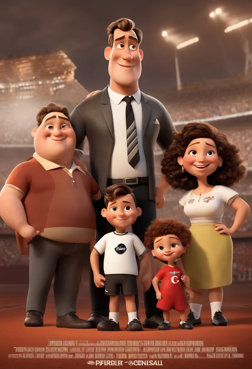 a Disney Pixar movie poster showing a white-skinned family. The father is the tallest, Tem barba bem curta, cabelo castanho, cabelos curtos, de topete. Older -yeld sir has brown hair, na altura dos ombros, slightly curled up and is also slightly overweight. O menino tem 12 anos e cabelos castanhos, medium topknot, todos vestem uma camisa listrada preta e branca do time de futebol Corinthians. The background is a football stadium. 3D-rendering