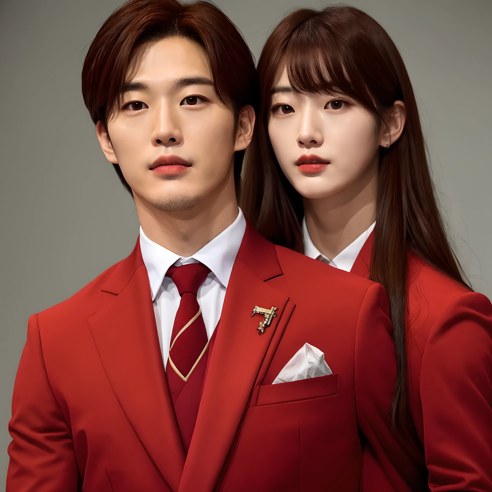 Korean man, brown hair, wearing a red suit