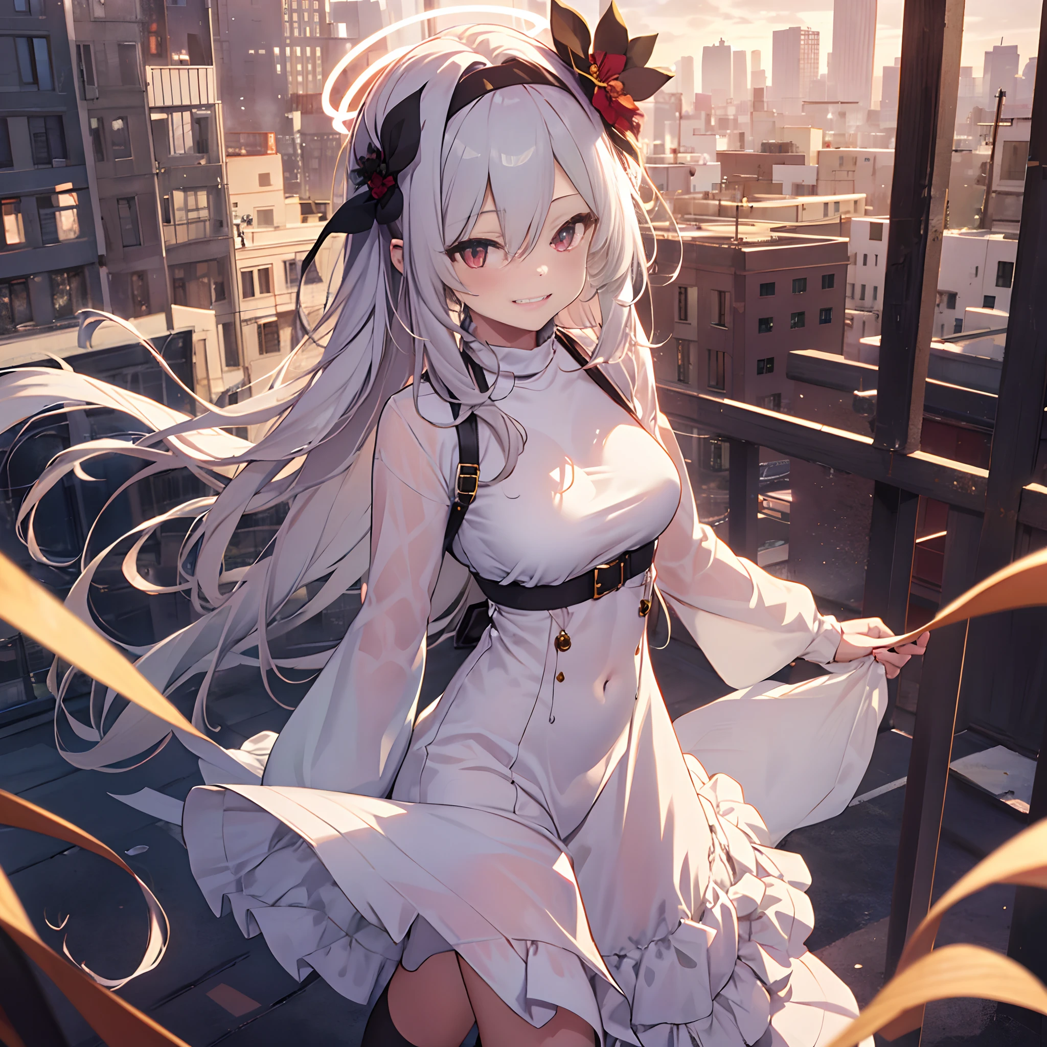 (Masterpiece, 8k, 1 girl, solo, Mutsuki, Blue_Archive, mature woman), white long hair, sidebangs, let down hair, hair between eyes, medium breasts, hair accessory, deep red eyes, casual outfit, cute white dress, long skirt, kneehighs, city in background, gorgeous girl, warm colours, halo above head, smirk, grinning, sexy pose, standing