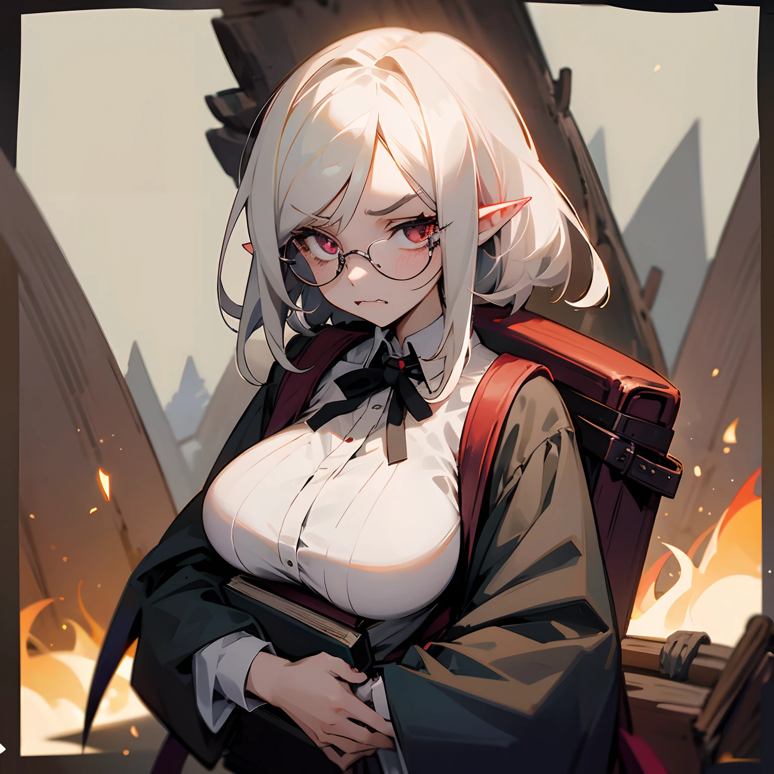 writing with quill in book, vampire girl, glasses, backpack, traveler, outside, campfire, large fangs, frown, pointy ears, tired eyes, dark circles under eyes, large breasts