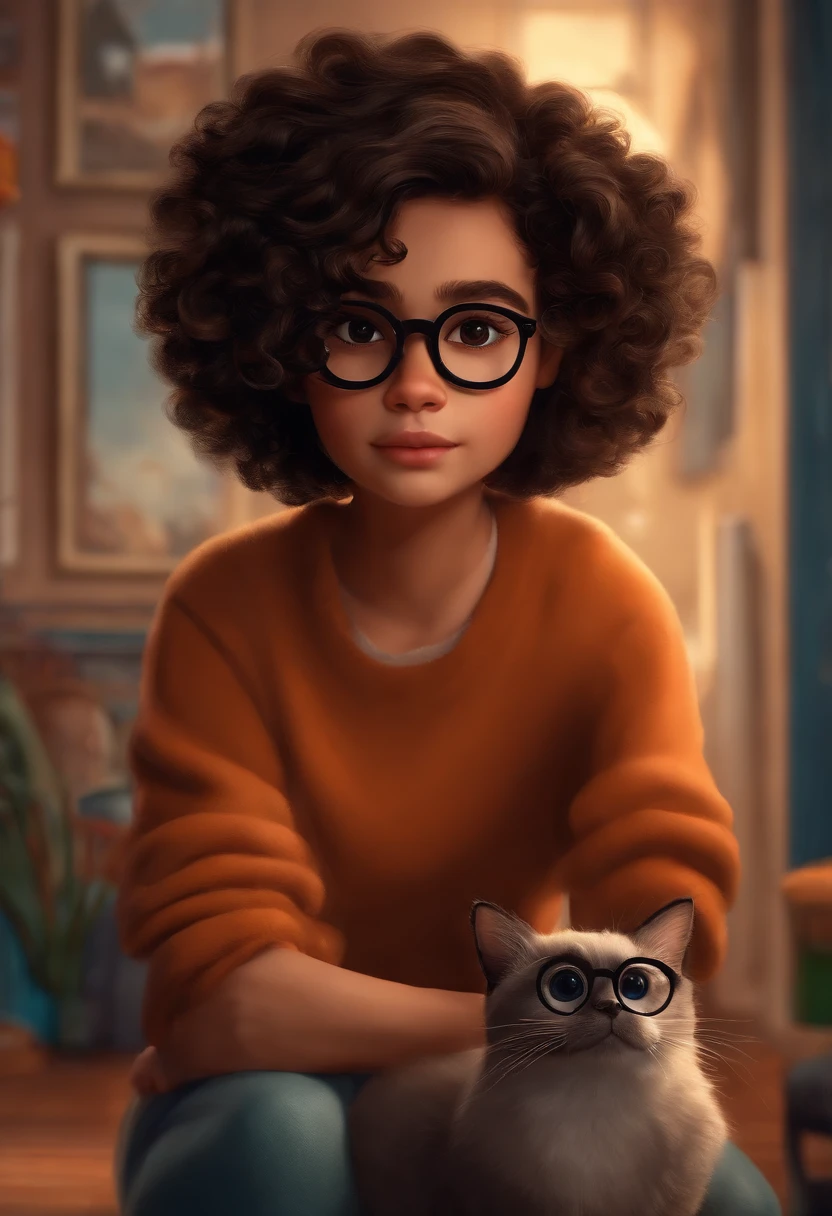Crie um menino sem cabelo, careca, with square glasses and a girl with dark brown curly square hair, segurando um gatinho preto, Estilo dos desenhos animados da Pixar, Disney Pixar Estilo 3D