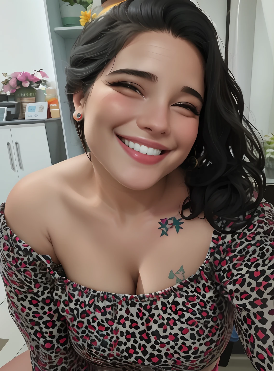 There is a woman with a tattoo on her chest smiling, she is smiling and excited, she is smiling and happy, happily smiling at the camera, She is grinning, grande sorriso em seu rosto, sorrindo sedutoramente, bonito e sorridente, lovely smile, sorriso insano, ela expressando alegria, She is laughing, sorriso sedutor louco, sorrindo e olhando diretamente, sorriso muito grande