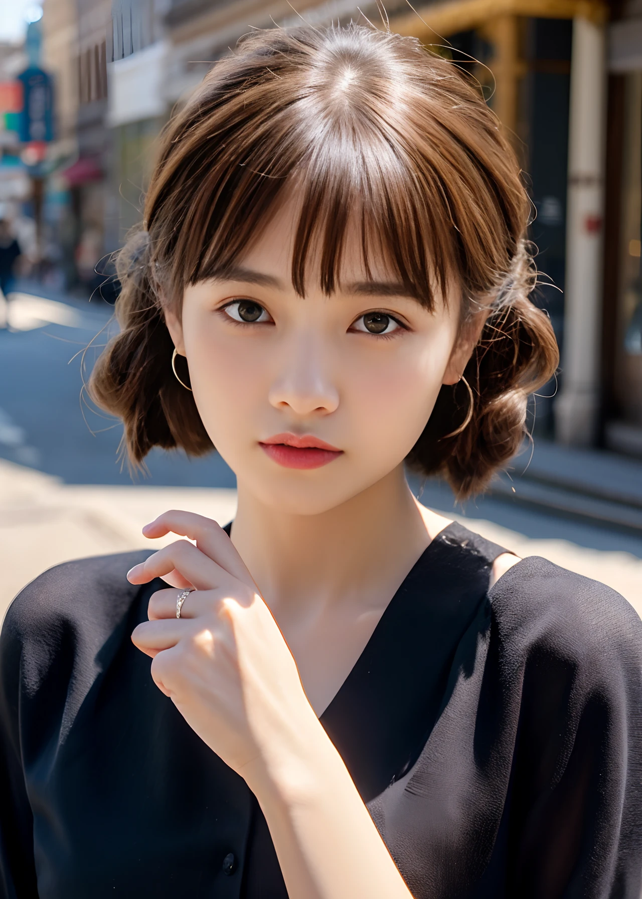 Ultra-high-quality photos、Raw photography、beautiful detailed face and eyes、(Photorealsitic:1.4)、top-quality、hight resolution、realisitic、16 K、Caustics、Core Shadow、Dinamic Light、Beautiful and delicate lips、delicate finger、Detailed pupils、Real Human Skin、(ighly detailed)、Raw photography、Sitting Woman、21years old、(bangss:1.2)、Faint lips、cowboy  shot、frombelow、(Light brown high-contrast hair、  half updo hair:1.36)、water eye、
(main street:1.3)The calm expression and calm breathing create a calm atmosphere。。