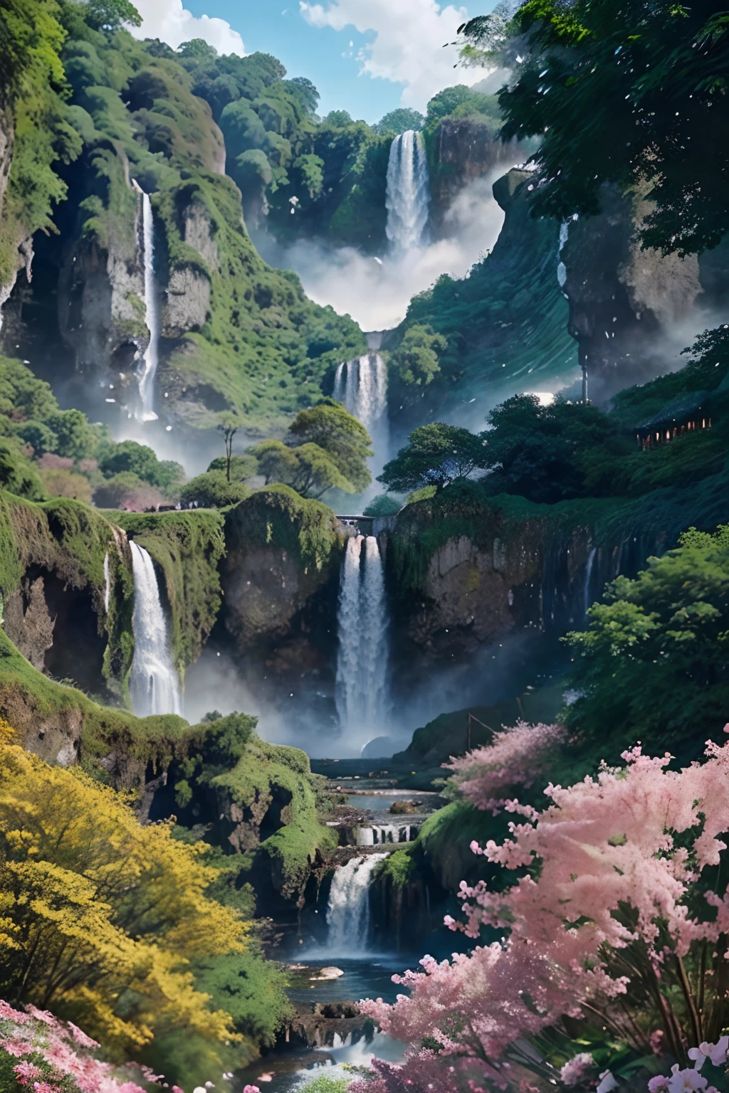 a close up of a waterfall with a bunch of people in it, a matte painting by Qu Leilei, trending on pixabay, fantasy art, pink waterfalls, floating waterfalls, multiple waterfalls, an endless waterfall, very beautiful digital art, cascading waterfalls, beautiful digital artwork, flowers and waterfalls, beatiful backgrounds, beautiful digital art, immense waterfall, several waterfalls