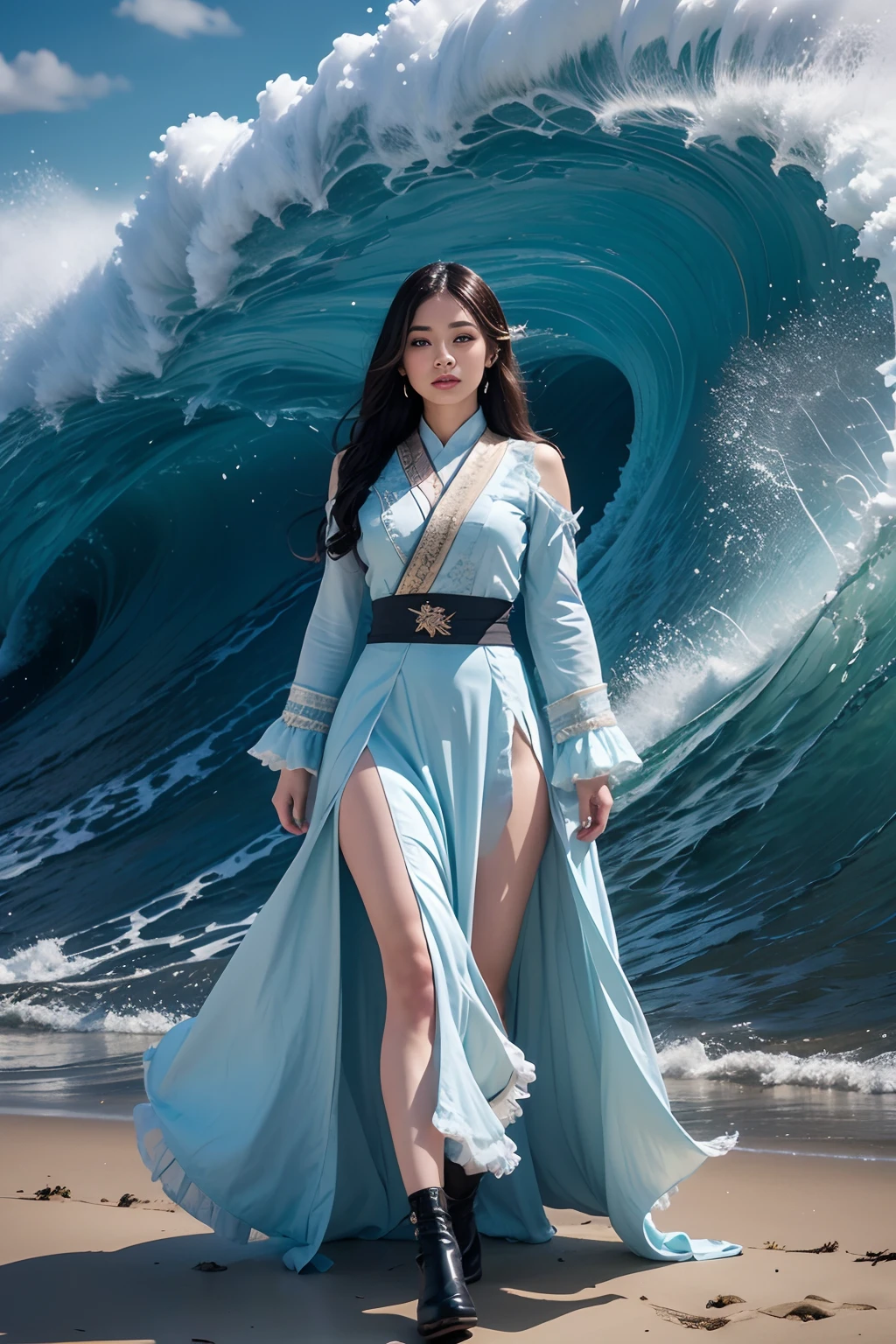Beautifull malay women in hijap, (skindentation:1.5), Realistic, Photorealistic, (masterpiece:1.5), concept art, intricate details, highly detailed, photorealistic, octane render, 8k, unreal engine, dynamic pose, best quality, highres, (realistic face:1.1), (hyperrealistic:1.1), ((full_body)), perfect eyes,(shiny skin:1.2), (((hairstyle))), (((perfect hands))), (extremely detailed background), ((dynamic background)), ((lightning)), (light rays), ((1girl)), 8k, dramatic angle, (fluttered detailed color splashs), (illustration), (((1 girl))), (black long hair), (rain:0.9), Hanfu, cheongsam, air accessories, colored ink drawing, (sketching:0.8), (denoising:0.6), [splash ink], ((ink refraction)), (beautiful detailed sky), background bokeh, beach, ((huge wave)), (masterpiece, best quality, extremely detailed), ((wearing pale blue fluffy dress)), (((long skirt))), (((long sleeves))), white boots, water magic, ((full body)), battle action