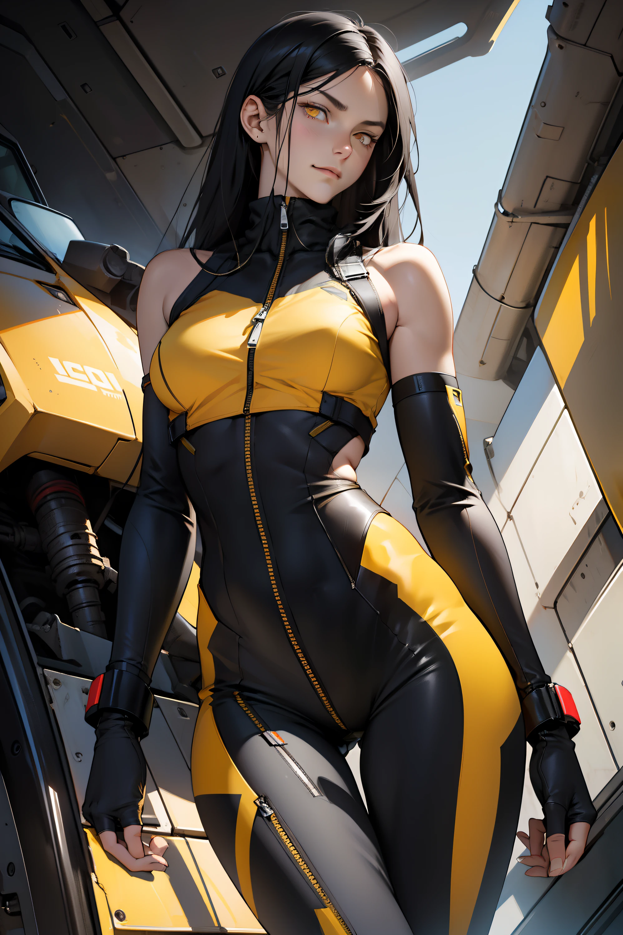 1 girl, black hair, yellow eyes, very long hair, pale skin, fit body, slender body, slim waist, large breasts, (confident expression), pilot suit, thigh gap, bare thighs, thighs bare, sleeveless, zipper down to show clavicles, bare clavicles, faint smile