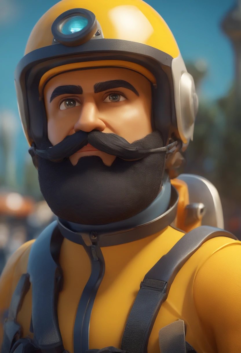Tehran Municipality Advertising Character Design with Safety Suit and Helmet in Pixar Style, jovem com barba e bigode, amarelo, azul, laranja, animation, Personagem iraniano, sorrir, 3D rendering, renderizado