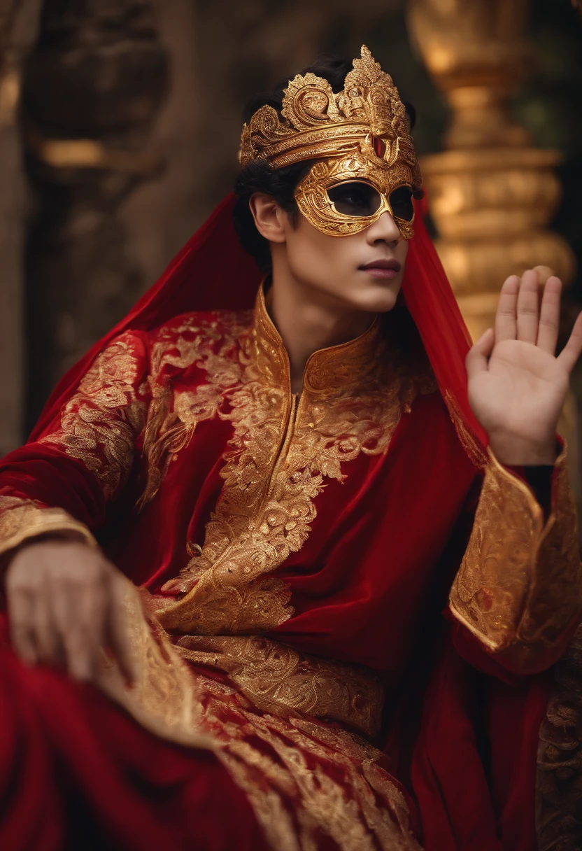 Create a role for your YouTube channel, of a guy,The upper part of the body,mystical , Wearing a golden mask, Red social attire