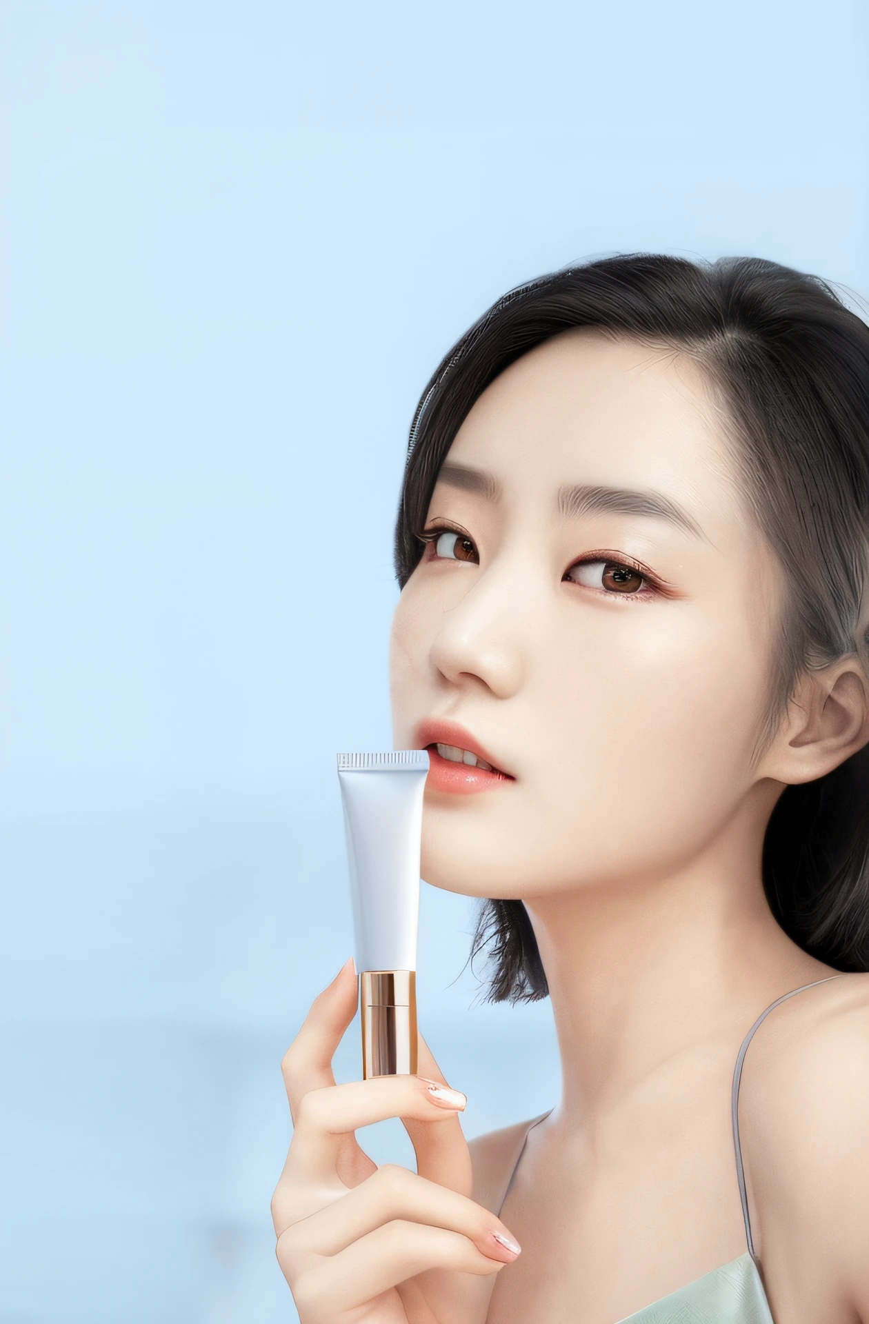 The woman holds a tube of cream in her hand，looks into camera, zun, shaxi, Yan, jia, Lu Ji, woman with porcelain skin, Smooth porcelain skin, beauty campaign, Li Zixin, crisp smooth clean lines, jinyiwei, yanjun cheng, pale milky white porcelain skin, su fu, Qiu Fang, crisp smooth lines