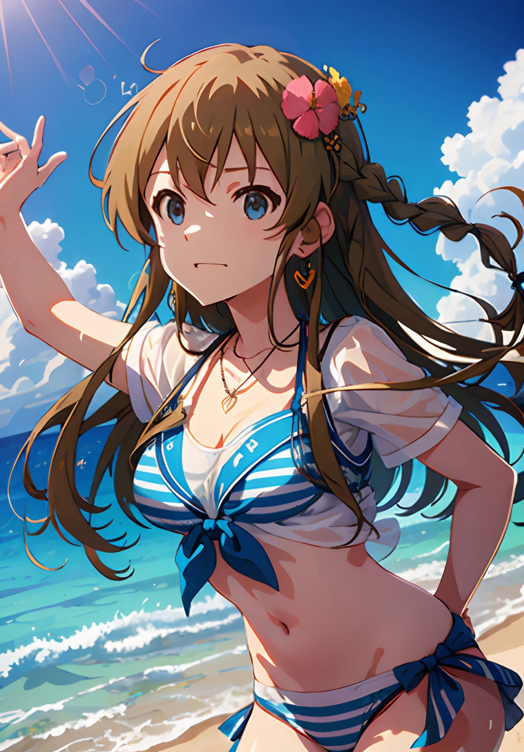 Kosaka Sea \(million live\), Twin braids, Long hair, hair over shoulder, (Best Quality, 8K, masutepiece, ultra-detailliert:1.2), Shiny skin,Cinematic Angle,Dynamic Pose, 
day, Dappled sunlight, Blue sky, Beautiful clouds, Beach, Wide Shot, depth of fields, Sail ships, ocean, Distant islands々,Wind,
1girl in, Solo,Cute, Innocent, slight smile,Floating hair, Wet clothes, Looking at Viewer, Head tilt, 
side-tie bikini bottom, front-tie bikini top, Striped, Necklace, Hair Flower, Heart Earrings, White shirt, Open Shirt, Floating clothes,