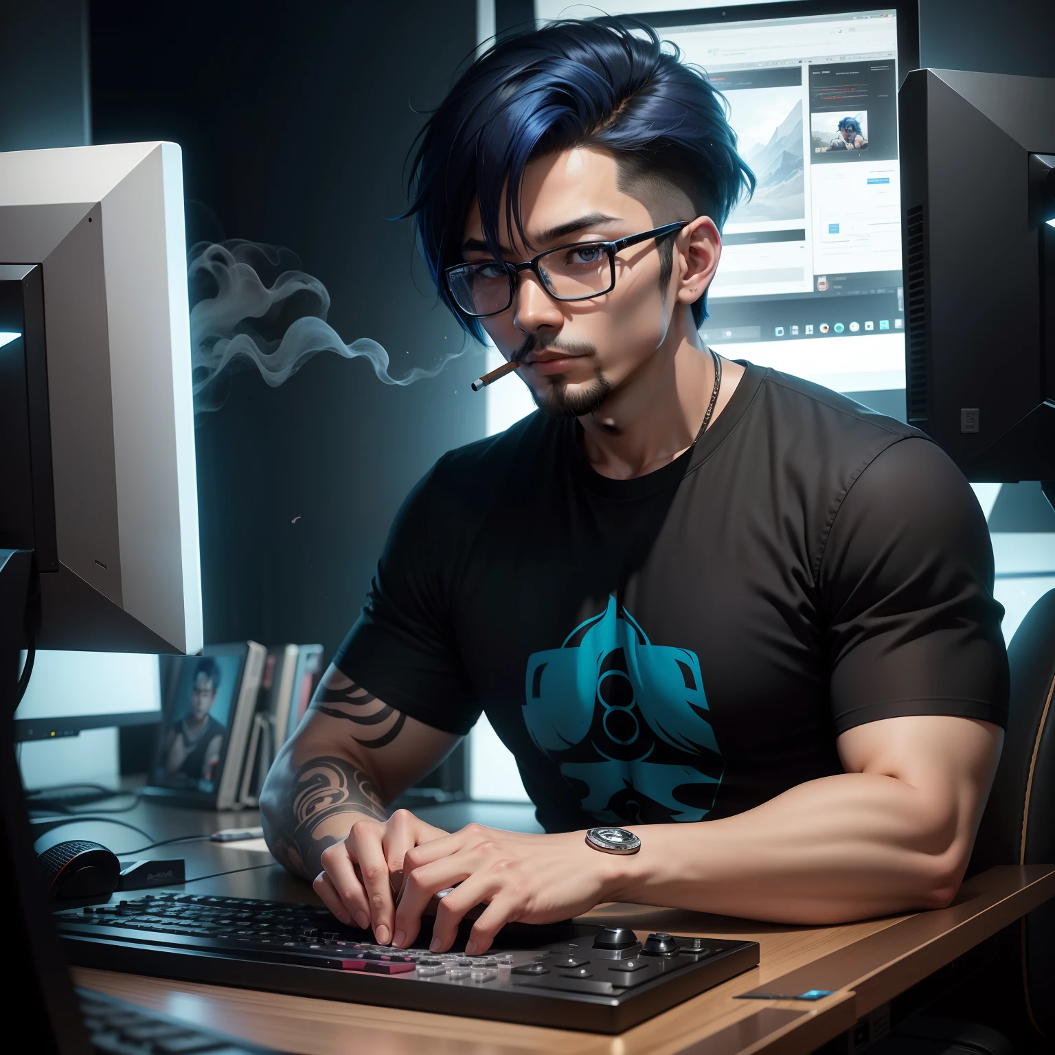 ASEANMAN Gamer , Age 30, In his full streaming settings , heavy strokes , Editor Cinematic,  t - shirt, Blue and black double color hair,Edit in front of a computer with two monitors, Cigarette ashtray、tobacco