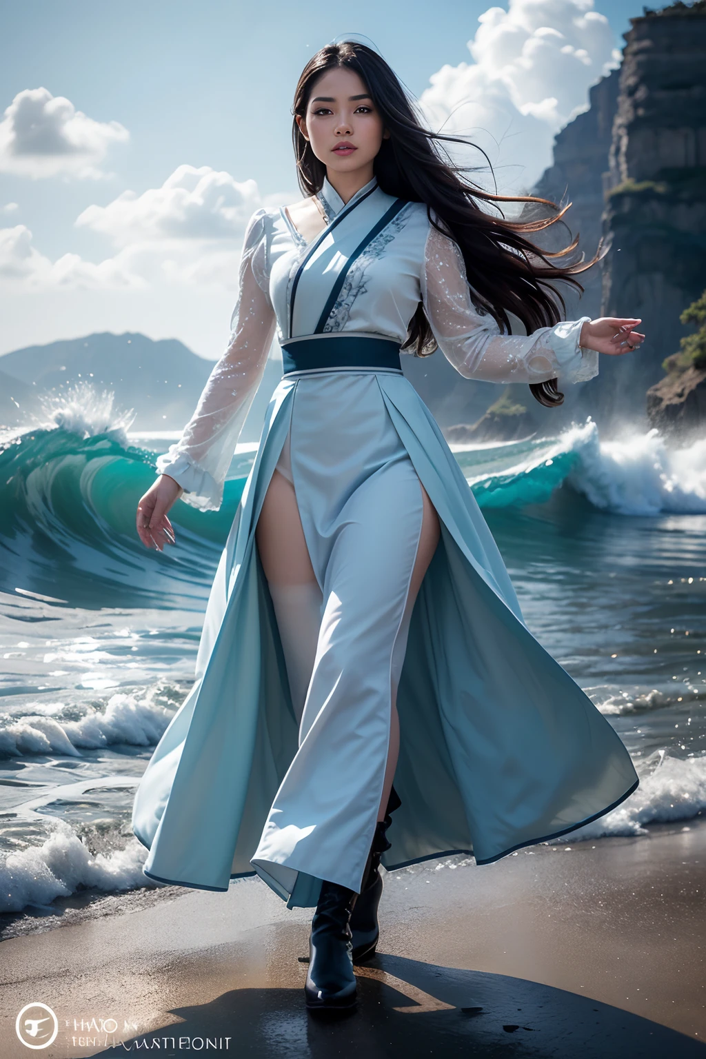 Beautifull malay women in hijap, (skindentation:1.5), Realistic, Photorealistic, (masterpiece:1.5), concept art, intricate details, highly detailed, photorealistic, octane render, 8k, unreal engine, dynamic pose, best quality, highres, (realistic face:1.1), (hyperrealistic:1.1), ((full_body)), perfect eyes,(shiny skin:1.2), (((hairstyle))), (((perfect hands))), (extremely detailed background), ((dynamic background)), ((lightning)), (light rays), ((1girl)), 8k, dramatic angle, (fluttered detailed color splashs), (illustration), (((1 girl))), (black long hair), (rain:0.9), Hanfu, cheongsam, air accessories, colored ink drawing, (sketching:0.8), (denoising:0.6), [splash ink], ((ink refraction)), (beautiful detailed sky), background bokeh, beach, ((huge wave)), (masterpiece, best quality, extremely detailed), ((wearing pale blue fluffy dress)), (((long skirt))), (((long sleeves))), white boots, water magic, ((full body)), battle action