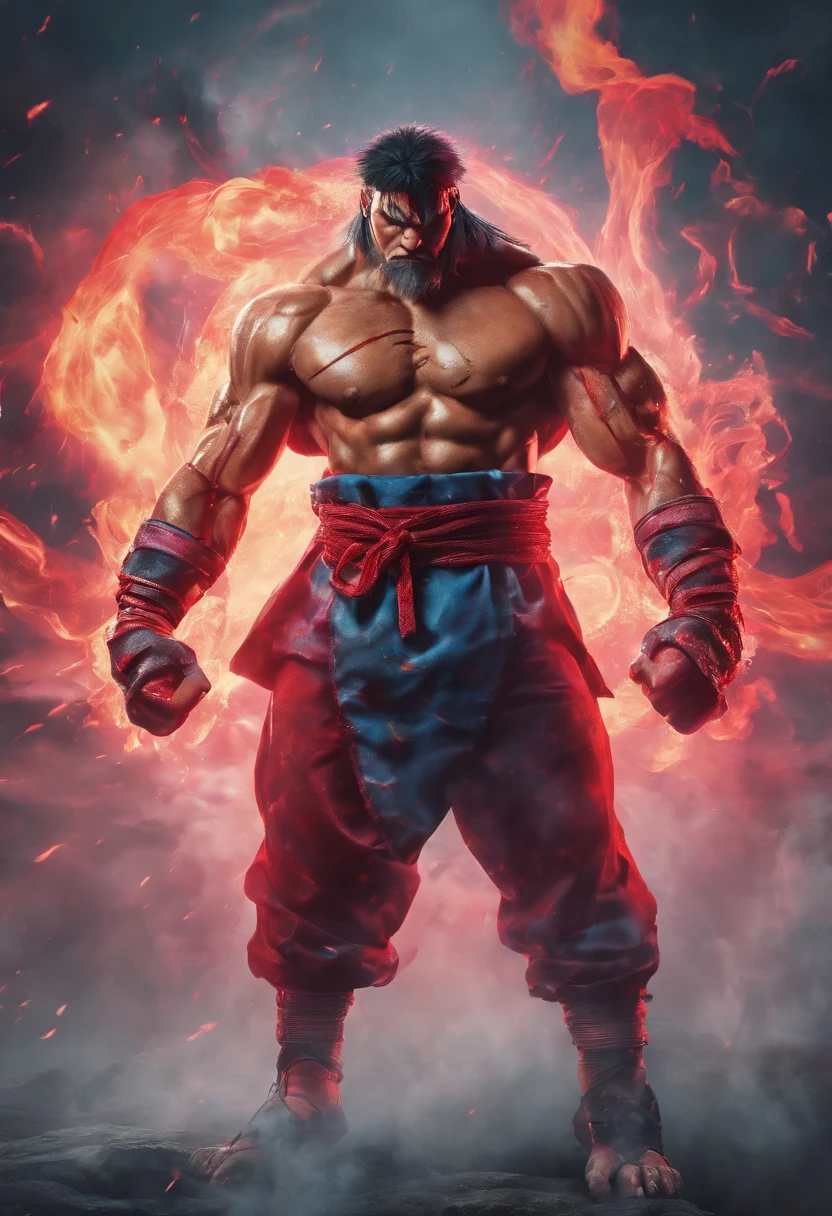 realistic 3d rendering of headhunter warrior, surrounded by mist, full body photography, hyperrealistic