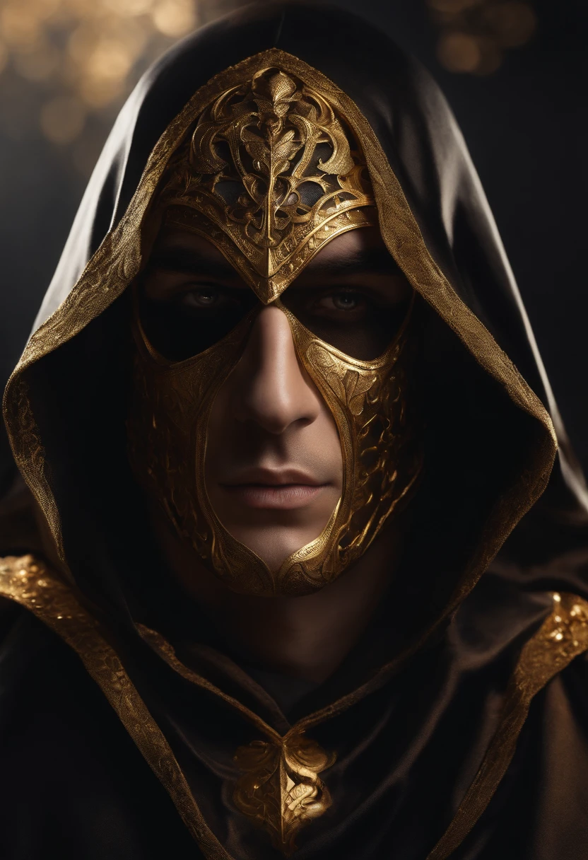 Create a role for your YouTube channel, of a guy,The upper part of the body,mystical , Wearing a golden mask,Draped in a black cloak,sitted