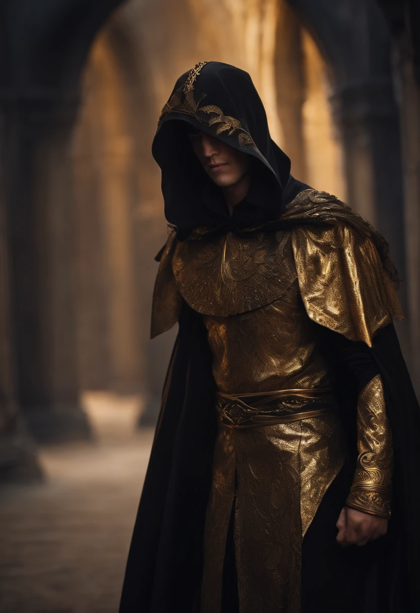 Create a role for your YouTube channel, of a guy，The upper part of the body，mystical , Wearing a golden mask,Draped in a black cloak，sitted