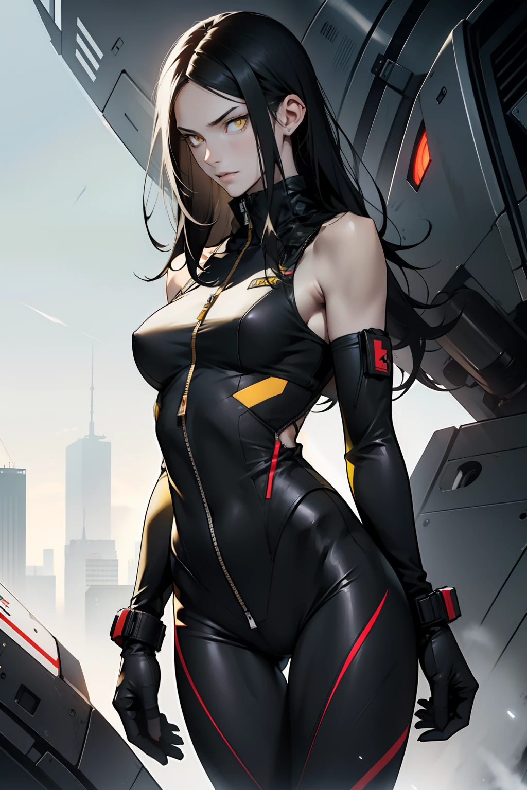 1 girl, black hair, yellow eyes, very long hair, pale skin, fit body, slender body, slim waist, large breasts, (confident expression), pilot suit, thigh gap, bare thighs, thighs bare, sleeveless, zipper down to show bare neck, bare clavicles, faint smile
