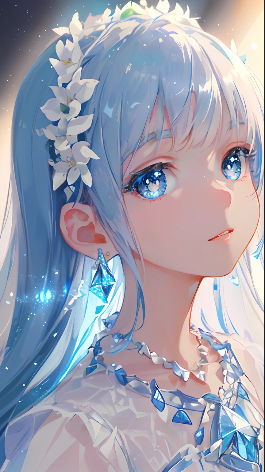 masterpiece, best quality, illustration, sax blue, platinum earrings, platinum necklace, white dress, 1girl, cute, (dynamic lighting:1.2), cinematic lighting, delicate facial features, detailed eyes, sharp pupils, realistic pupils, depth of field, bokeh, sharp focus, (hyper-detailed, bloom, glow:1.4), many small gems