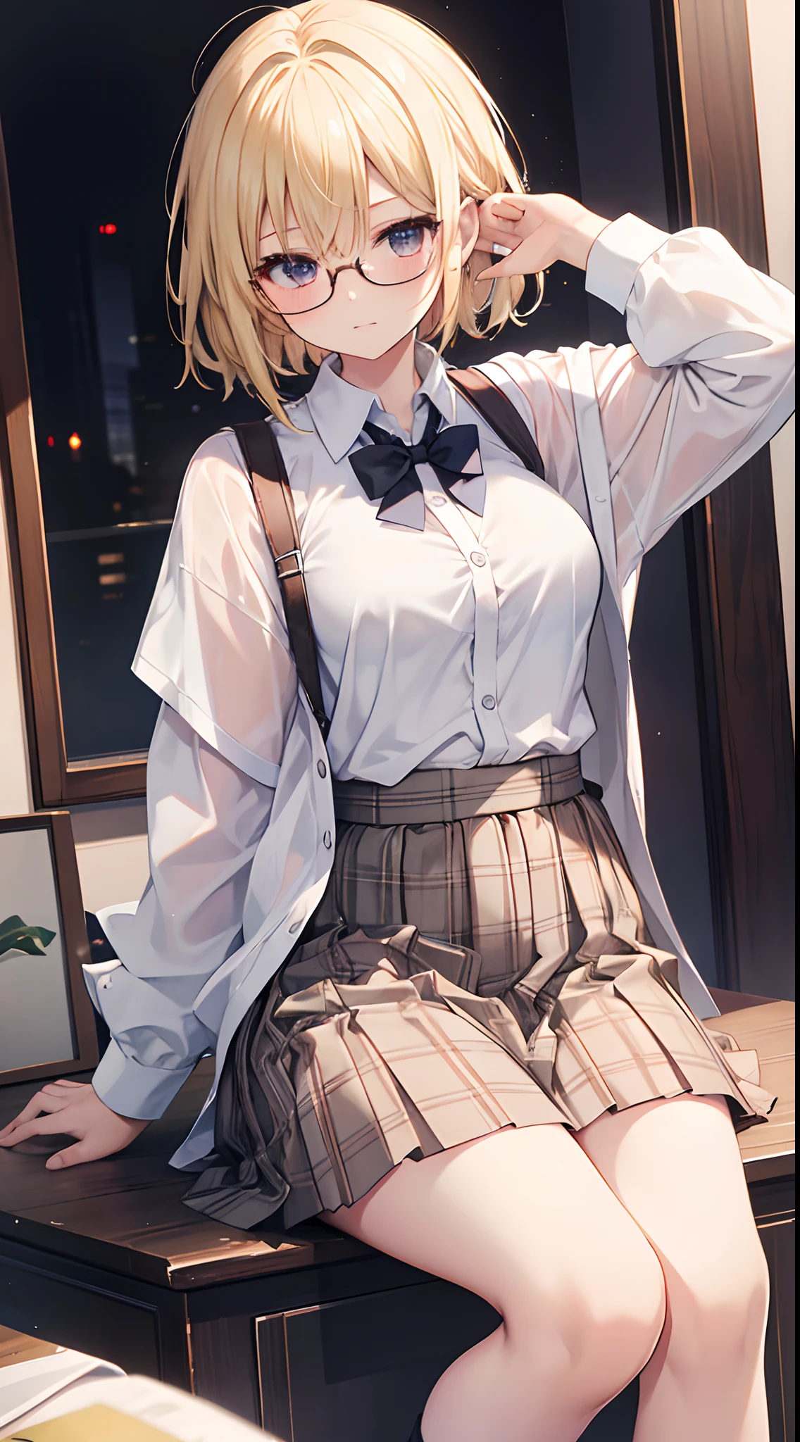 ​masterpiece, top-quality, hight resolution, SA1, blonde  hair, eye glasses, 校服, white  shirt, skirt by the, plaid skirts, open-shirt, bra very,perfect hand