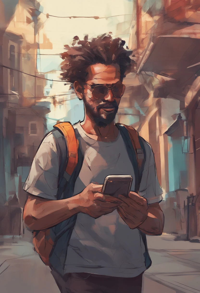 A person who uses a mobile phone carrying an emotion or excitement on their face. whereas it seems sketchy, como estilo desenhado. 8K Ultra realista. mais pixels, cinematic color grading, Cinematic lighting on a wonderful street.