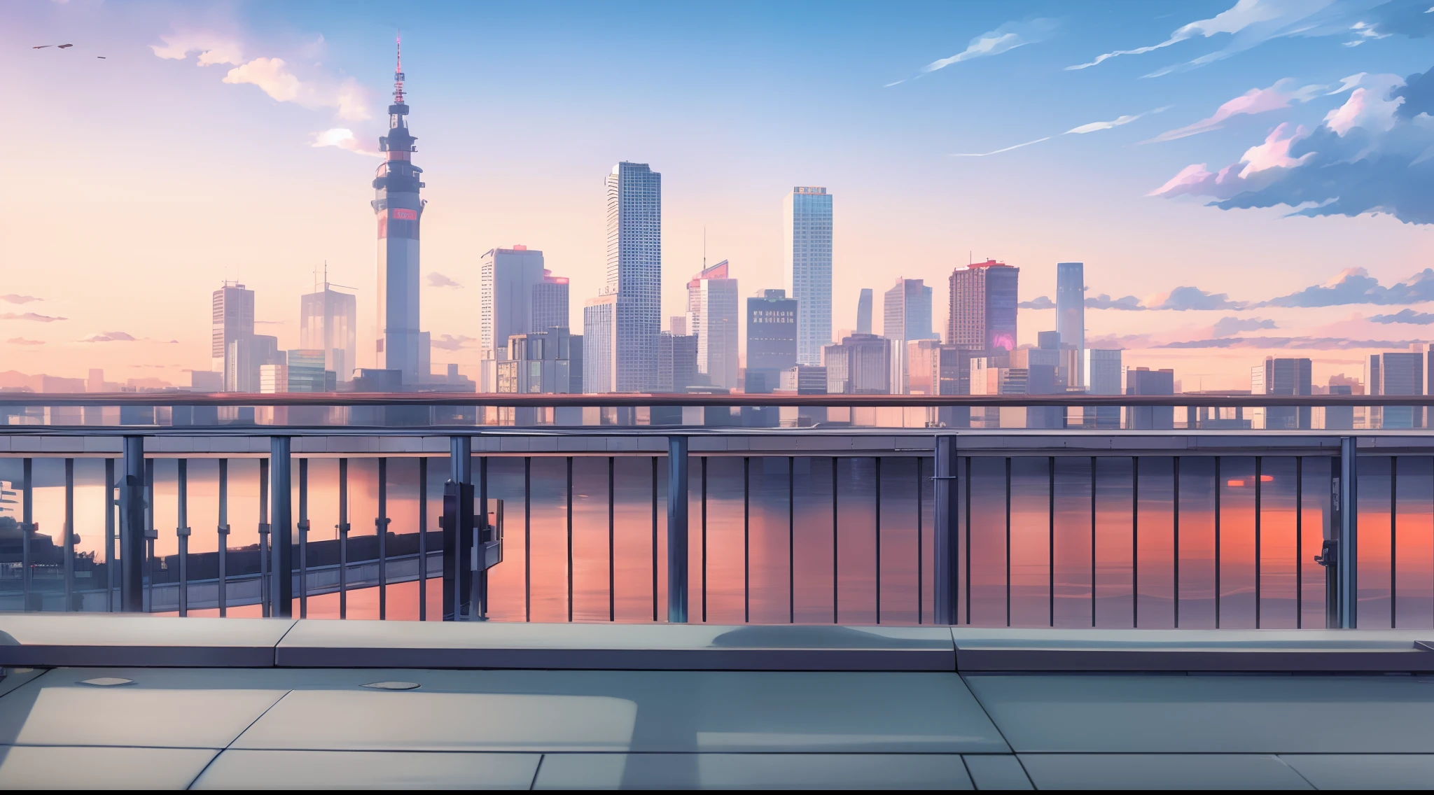 There is a bench on the balcony，Overlooking the city, hd anime cityscape, tokyo background, urban backdrop, beautiful cityscape background, tokyo anime anime scene, anime style cityscape, neo tokyo background, Beautiful cityscape, urban backdrop, Anime background art, City in the background, anime backgrounds, tokyo street background, in the style of makoto shinkai, osaka skyline background, urban in the background