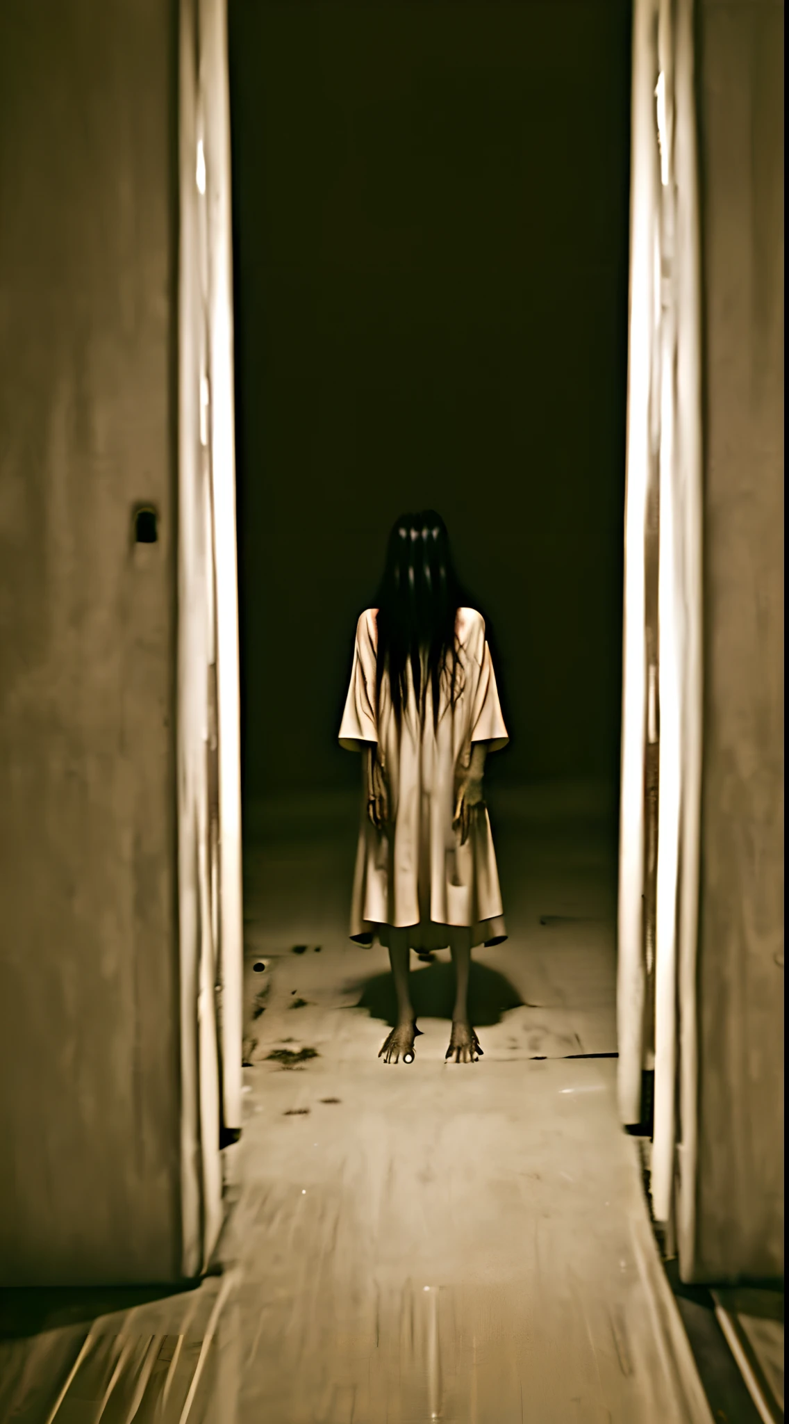 Sadako, creepypasta monster inside a liminal space of nightmares in a dark warehouse, dynamic lighting, photorealistic, trending on art station, stunning visuals, foggy, creative, cinematic, ultra detailed, atmospherical, ambient lighting, scary art, bad quality, heavy film grain, desaturated, orange teal hue