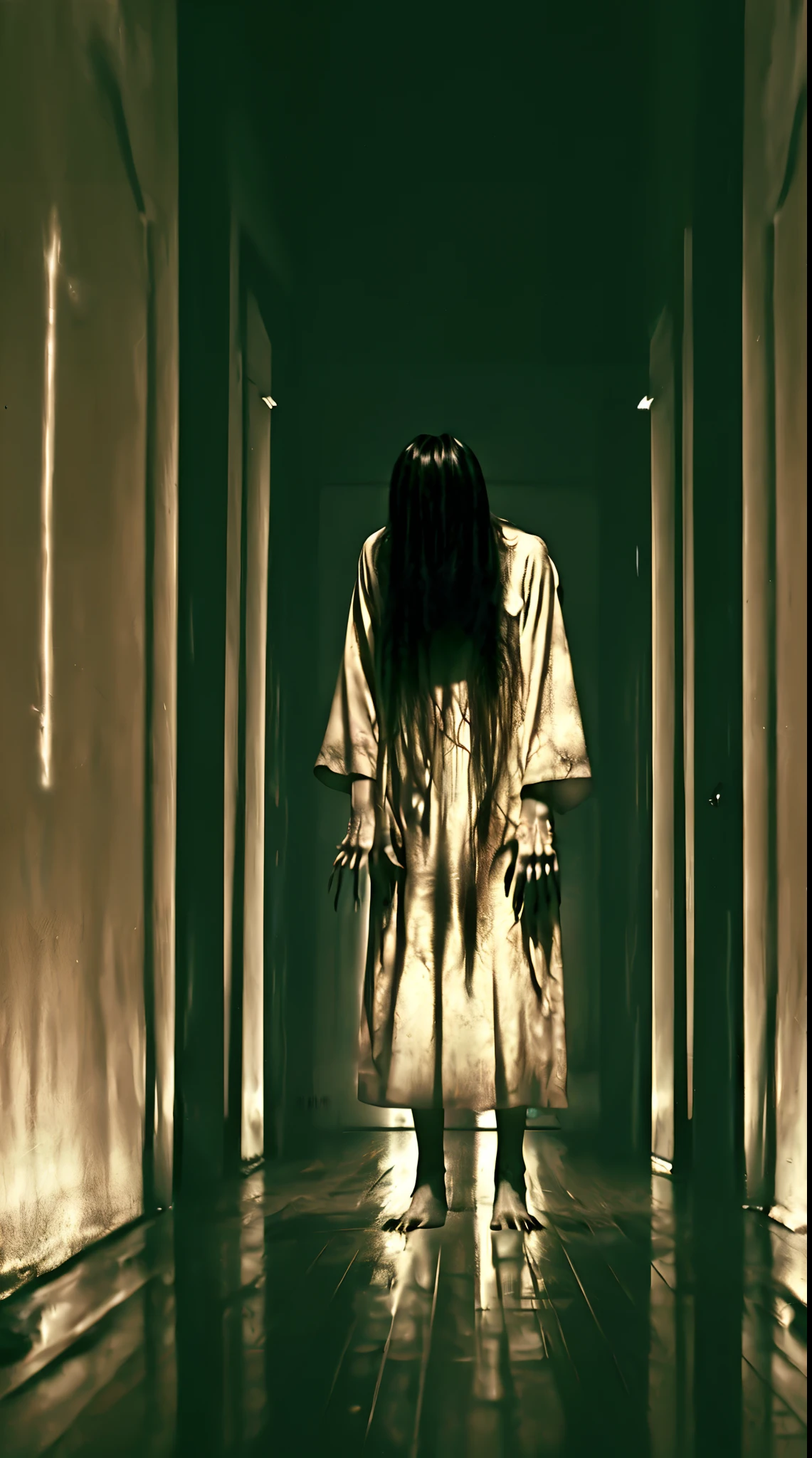 Sadako, creepypasta monster inside a liminal space of nightmares in a dark warehouse, dynamic lighting, photorealistic, trending on art station, stunning visuals, foggy, creative, cinematic, ultra detailed, atmospherical, ambient lighting, scary art, bad quality, heavy film grain, desaturated, orange teal hue