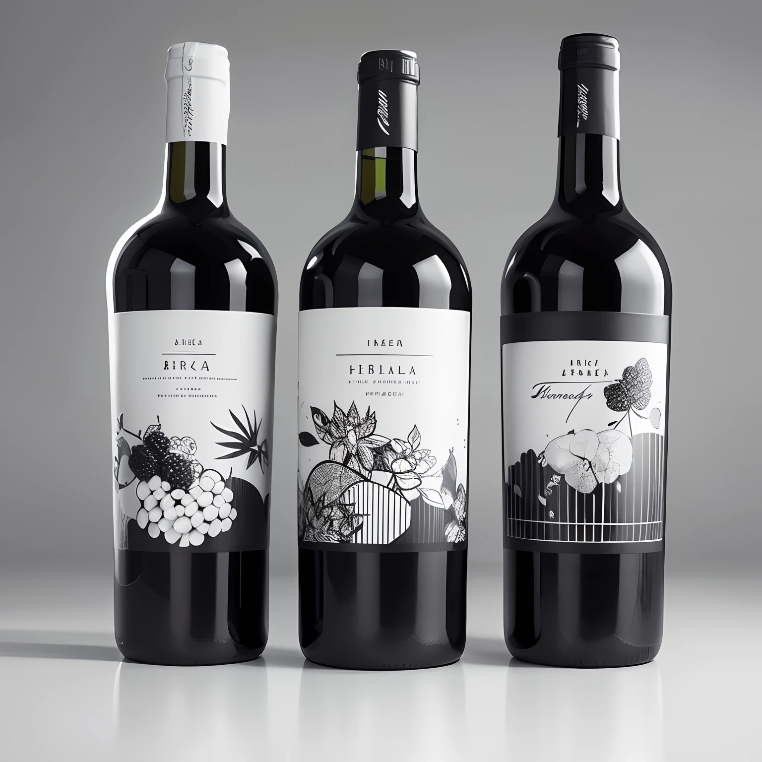 Wine packaging illustration in linear style,Black and white tones,With honey and fruit elements