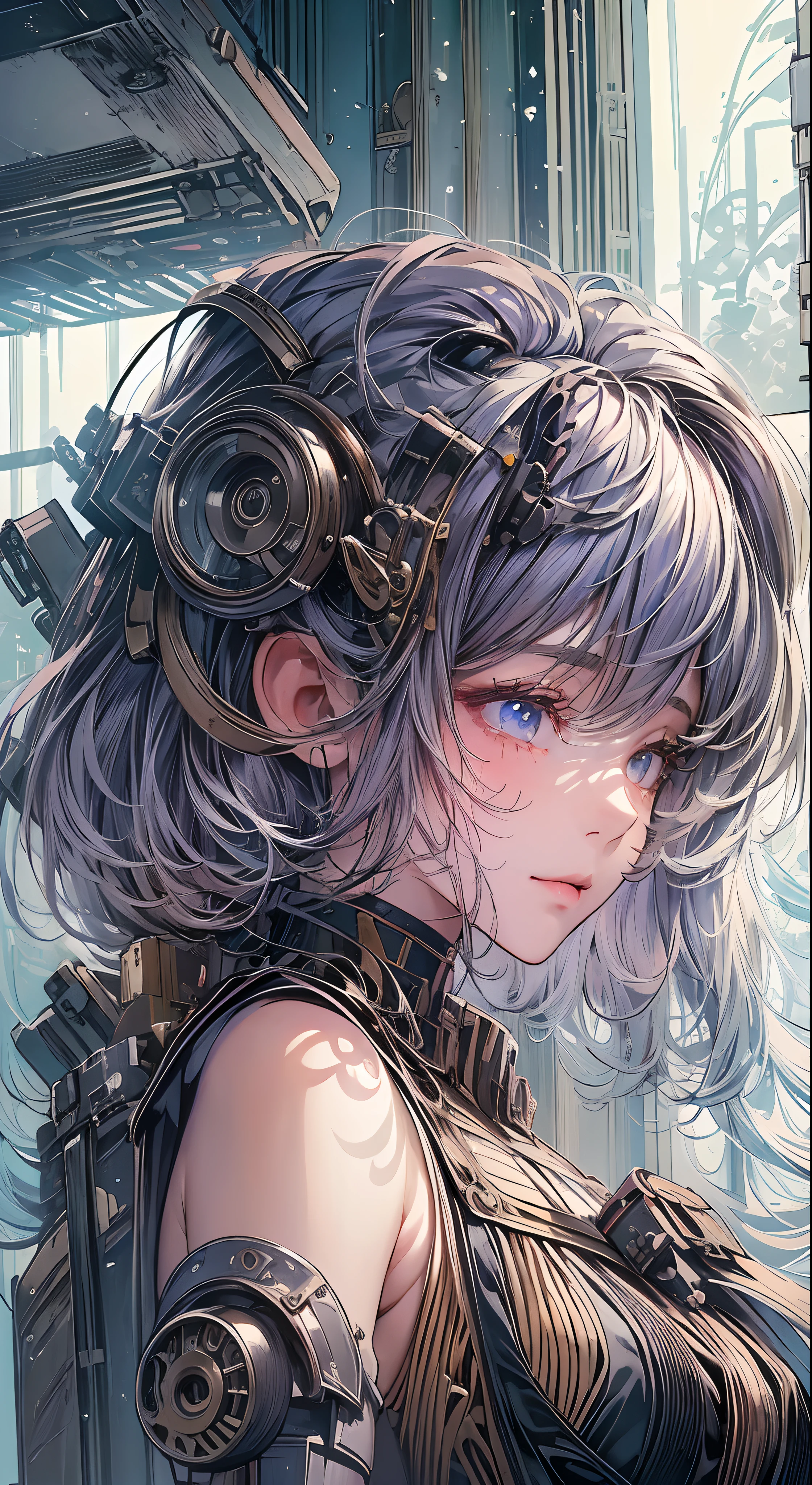 (((masterpiece)))、((top-quality))、(The ultra-detailliert)、(CG Illustration)、(Very Beautiful Little Girl))、Cinematic Light、((1 Mechanical Girl))、 scientific fiction、Apocalypse、Erotic grotesque、research institute(Beautiful and indulgent:1.2)、(1girl in:1.3)、Facing the front,Shorthair,Corset Belt,high waist skirt,