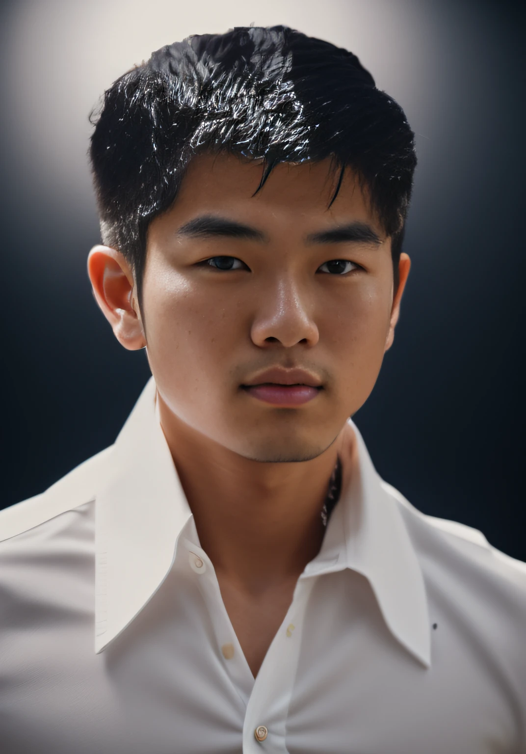 (photorealistic,realistic:1.37),22-year-old Asian man wearing a white shirt,detailed face with defined features,1975 Kodak-style image, crisp and clear details,dark blue background