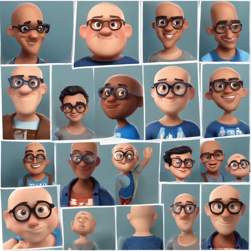 Crie um casal. The bald boy with square glasses, Camiseta cinza e jeans azul claro ao lado de uma jovem mulher com cabelo curto castanho ondulado Estilo dos desenhos animados da Pixar, Disney Pixar Estilo 3D