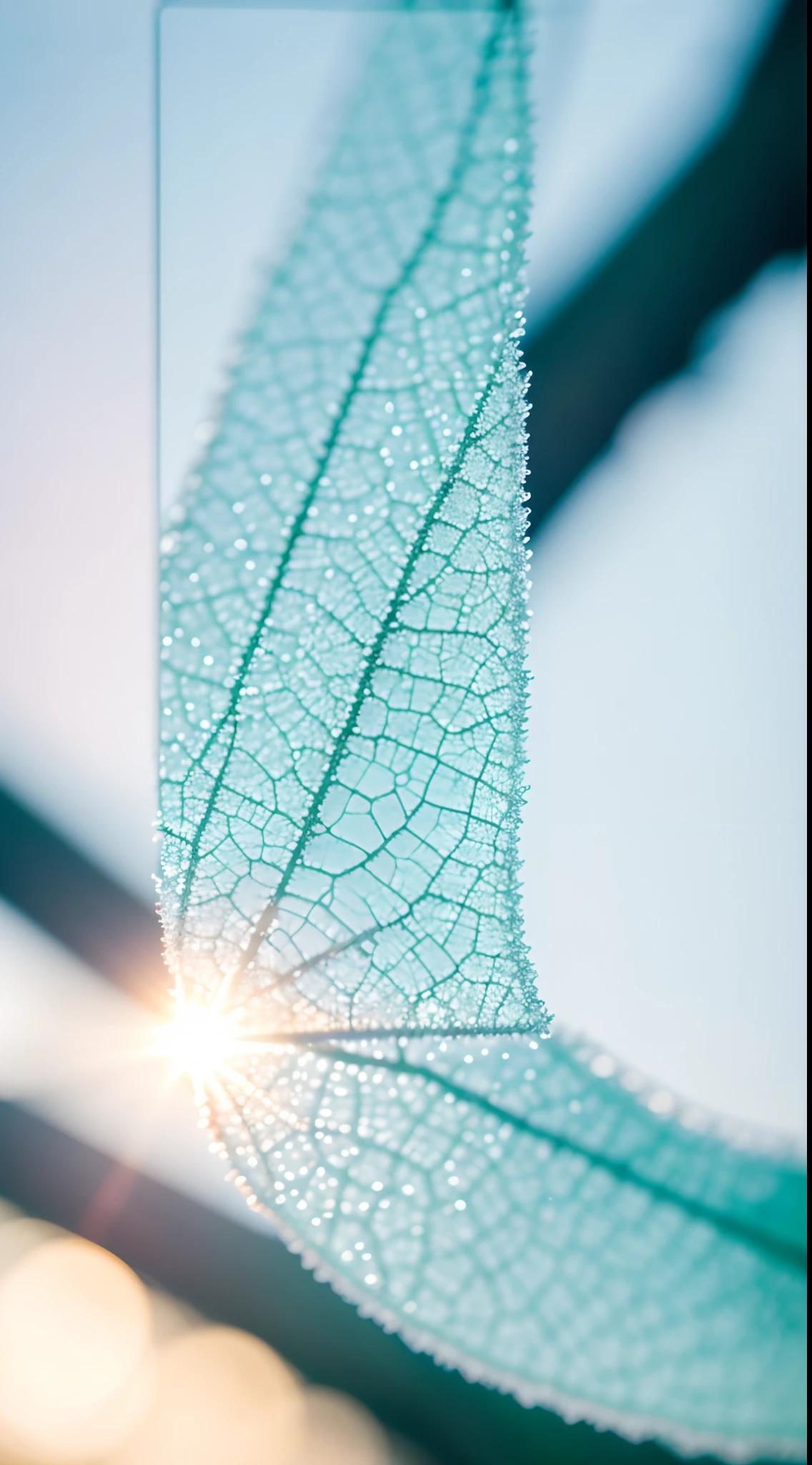 Close-up of plants,tree branch,Foliage,Covered with frost,Yuki,Frost,in the early morning,Halo,ln the forest,depth of fields,back lit lighting,(Macro lens:1.3),Optical illusion,Close-up Shot Shot,Background bokeh,photorealestic,SENSE OF CINEMA,professional photoshooting,Sony FE GM,Lens flare,35mm,macro photograph,16k,Wallpaper phone