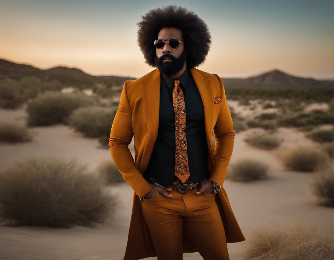 Homem negro gordinho sentado segurando contrabaixo cabelo Black power barba grande