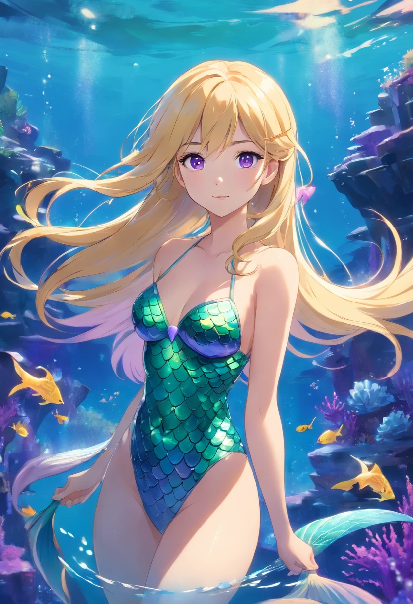 Mermaid, blonde hair, blue eyes, purple tail