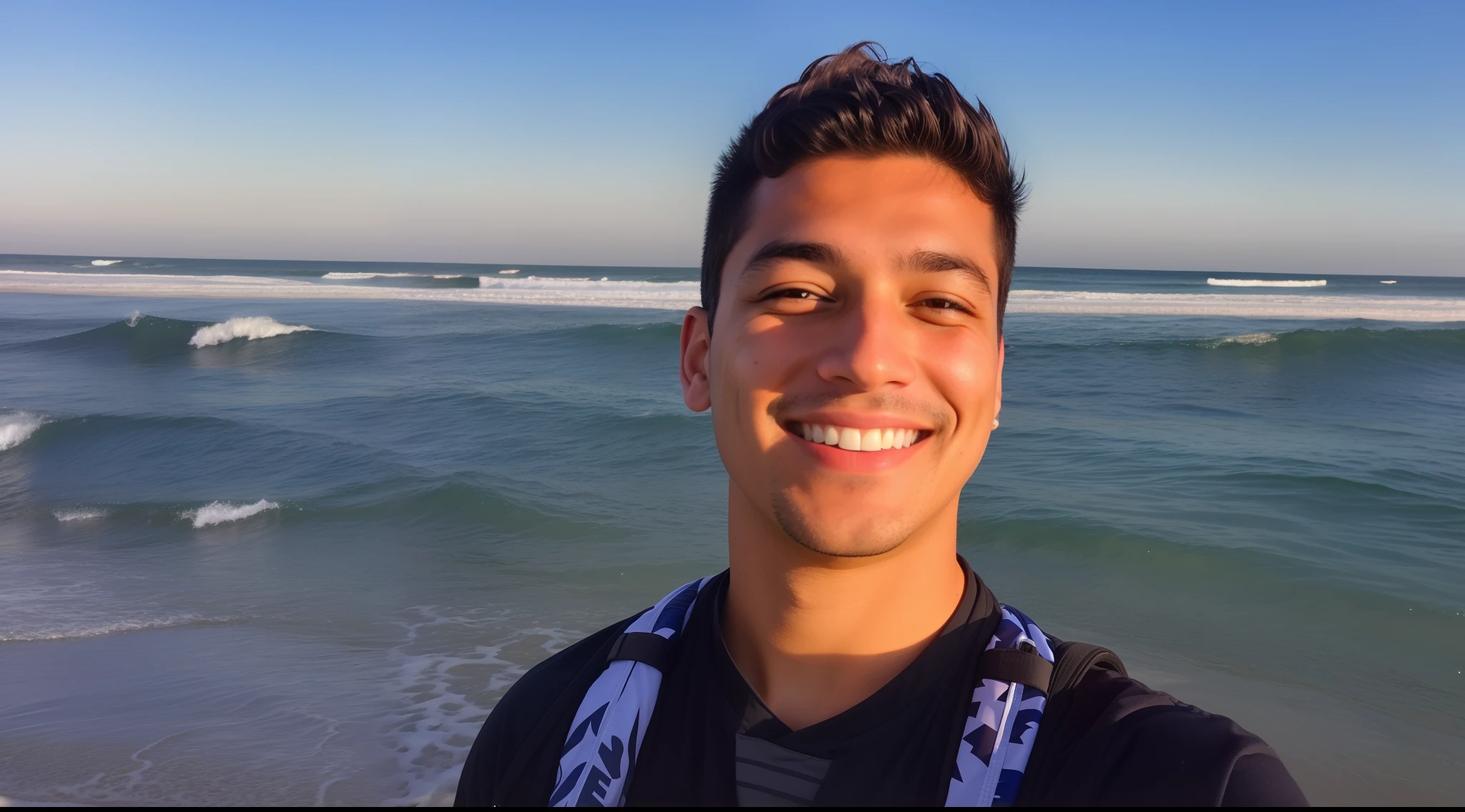 Man standing on the beach with a backpack and a smile, foto de perfil 1024px, foto de perfil headshot, foto de perfil, foto de perfil, oceano ao fundo, imagem de perfil, taken in the early 2020s, foto do perfil, caio santos, O oceano ao fundo, muito ligeiramente sorridente, by John Luke
