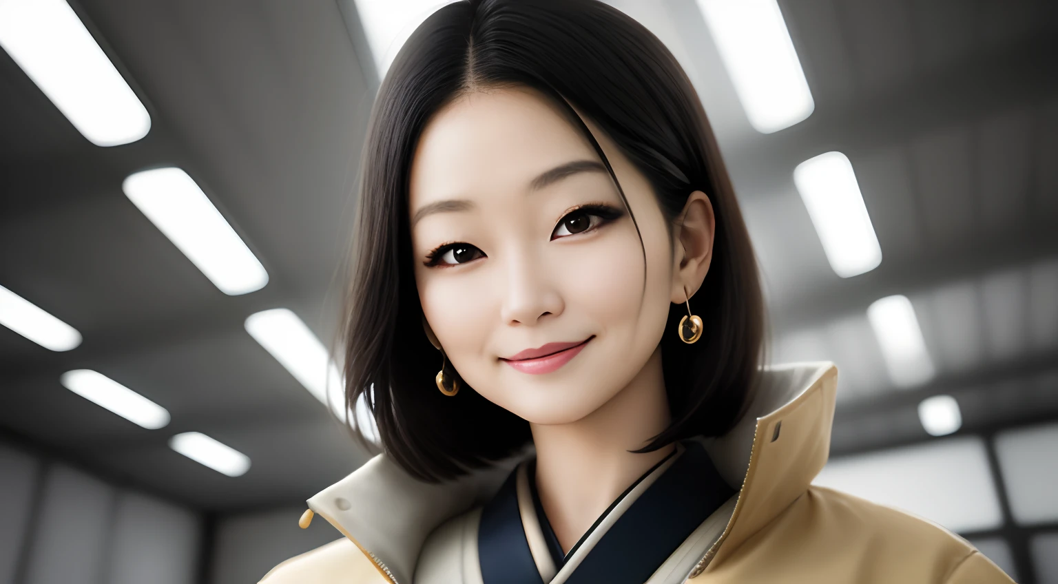 Nice　japanes　Engineers　Space science fiction expressions that stimulate intellectual curiosity　Cool Woman　age 40s　Realistic lighting　Math　Elegant Pose　short-cut　Bob style hairstyle Big earrings　Smile Intellectual　Looks smart　Futuristic background