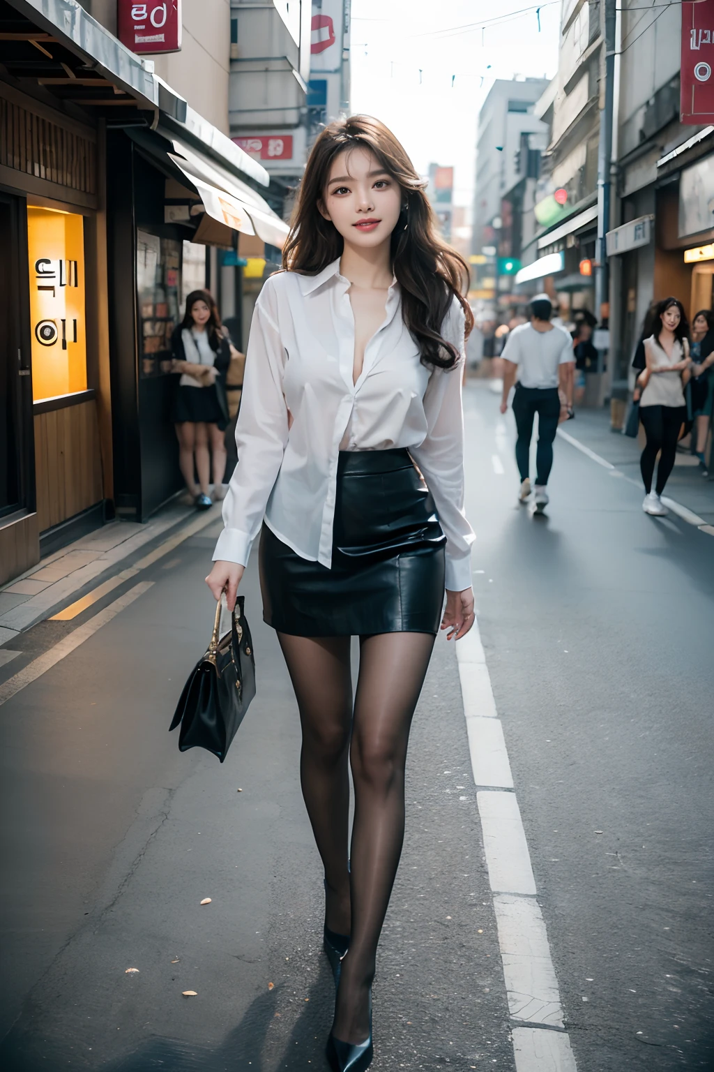 Full Body Shot, Standing pose, Masterpiece, Best Quality, OriginalPhoto, absurdes, UHD, 1Girl, Wavy hair, Long grey brunette, Perfect fingers and slender legs, perfcect big smile, yak,looking up at viewer, (((Seoul Street))), intriciate detail:1.3 , detailed background:1.3, Detailed skins, Pores, high resolucion, HDR, beautiful model, soft light on the face, BAPV_Model, Medium Tits, cleavage, ((White shirt_Black Narrow Skirt)), black high heels, Black pantyhose:1.3, hazy_light_Background with,