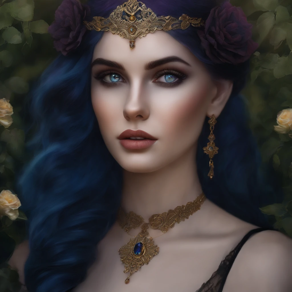 A goth girl with short  blue hair, mesmerizing eyes, and luscious lips, in a garden, surrounded by vibrant flowers and lush greenery. Her hair cascades down to her shoulders, framing her delicate face. She is wearing a flowing black dress, adorned with intricate lace details. The garden is bathed in soft, golden sunlight, casting a warm glow on her porcelain skin. The atmosphere is ethereal, with a touch of mystery and enchantment. The artwork is produced using a mixture of mediums, including digital illustration and oil painting. The colors are vivid and rich, showcasing a dramatic contrast between the girl's blue hair and the vibrant surroundings. The image is of the highest quality, with ultra-detailed features and realistic rendering. The artistic style combines elements of gothic and fantastical aesthetics, resulting in a captivating and unique composition. The overall color tone is cool and moody, with deep blues and purples dominating the palette. The lighting highlights the girl's face, emphasizing her striking features and creating a mesmerizing effect. (best quality, ultra-detailed, realistic:1.37), digital illustration and oil painting, gothic fantasy, vibrant colors, cool and moody color tone, enchanting lighting.