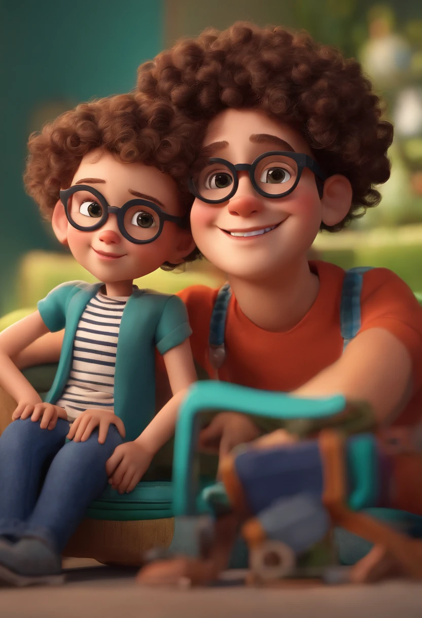 Create a boy with square glasses and a woman with curly square hair holding an almost bald boy, Estilo dos desenhos animados da Pixar, Disney Pixar Estilo 3D