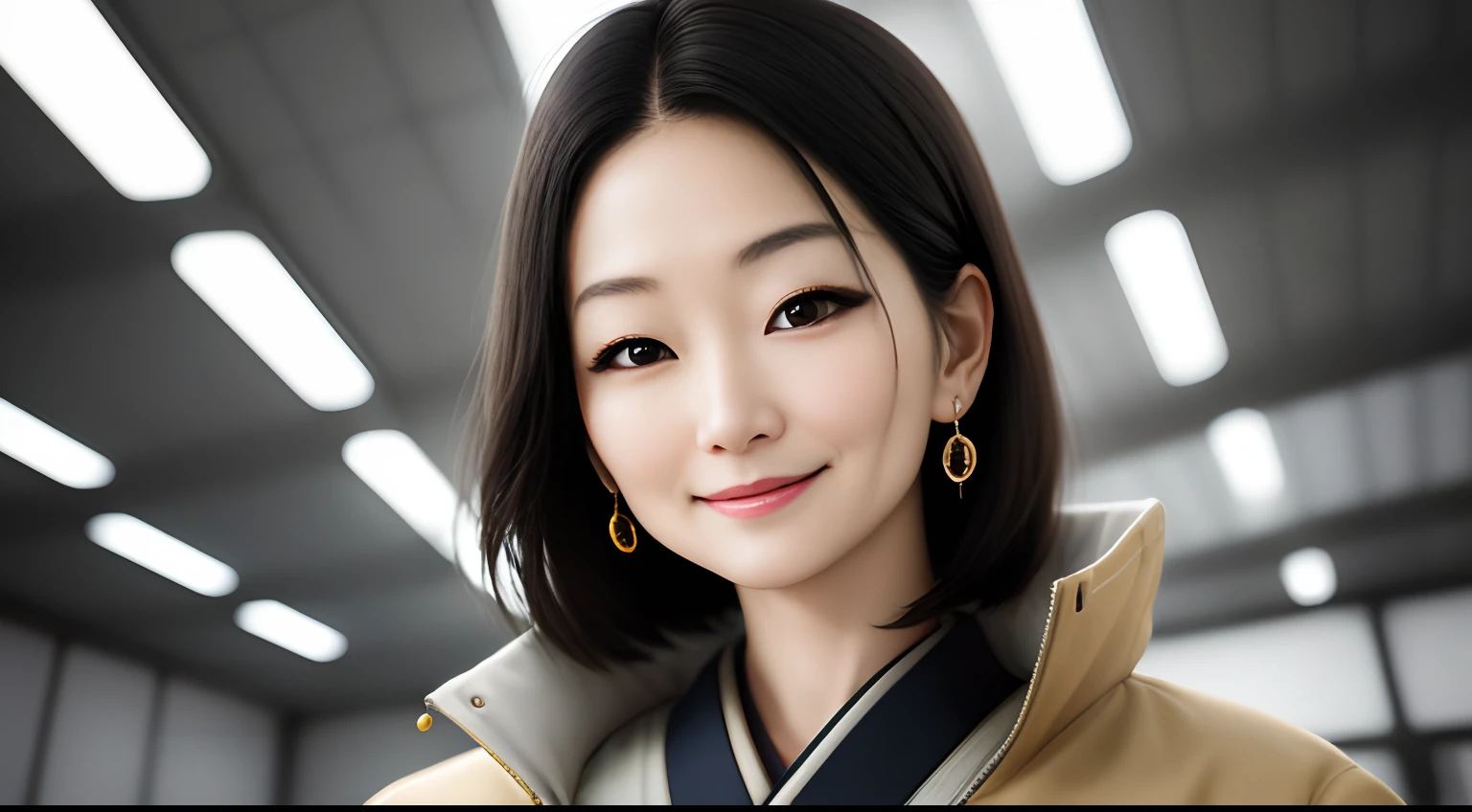 Nice　japanes　Engineers　Space science fiction expressions that stimulate intellectual curiosity　Cool Woman　age 40s　Realistic lighting　Math　Elegant Pose　short-cut　large earring　a smile