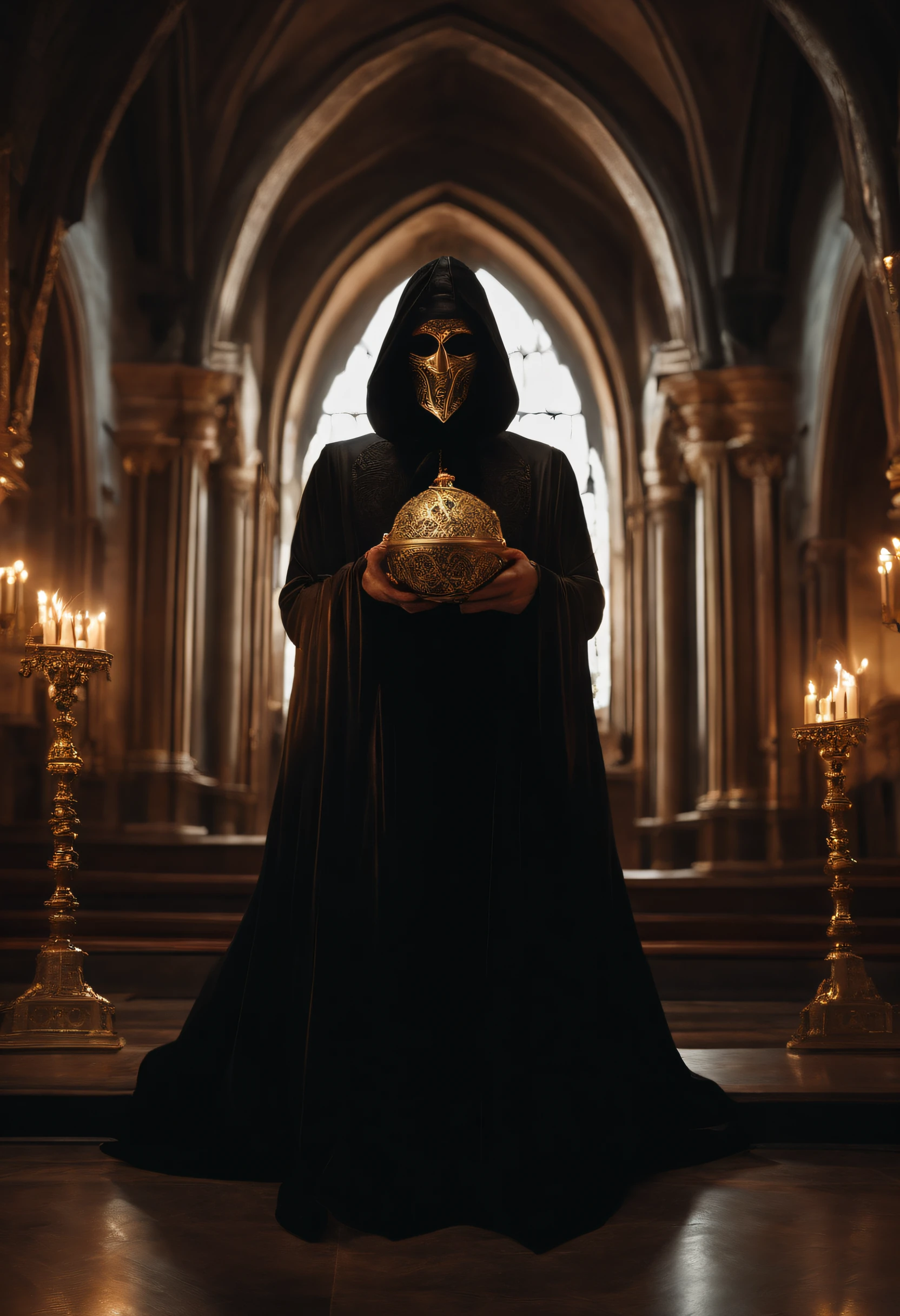 Create a role for your YouTube channel, of a guy，mystical , Wearing a golden mask, a black cloak，Pray in a dark church