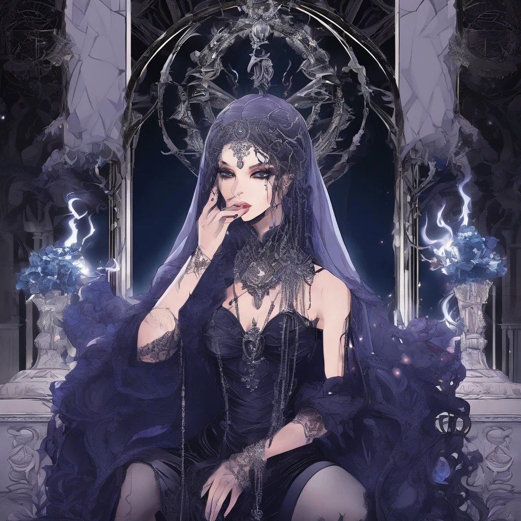 (best quality,ultra-detailed,realistic),A hot goth Mistress with short blue hair,beautiful detailed eyes,beautiful detailed lips,extremely detailed eyes and face,long eyelashes,leather outfit with spikes and chains,dark makeup,sensual expression,sitting on a luxurious velvet throne in a dimly lit room,candlelight flickering in the background,gloomy atmosphere,velvet curtains,statues of mythical creatures,gothic chandelier dripping with crystals,deep purplish-blue color scheme,pale skin with a hint of ethereal glow,smoke swirling around her,silver jewelry adorning her wrists and neck,pentagram necklace,posing confidently with one leg crossed over the other,shadows dancing on her porcelain skin,her piercing gaze captivating anyone who dares to meet her eyes,her mysterious aura casting an enchanting spell on the viewer.