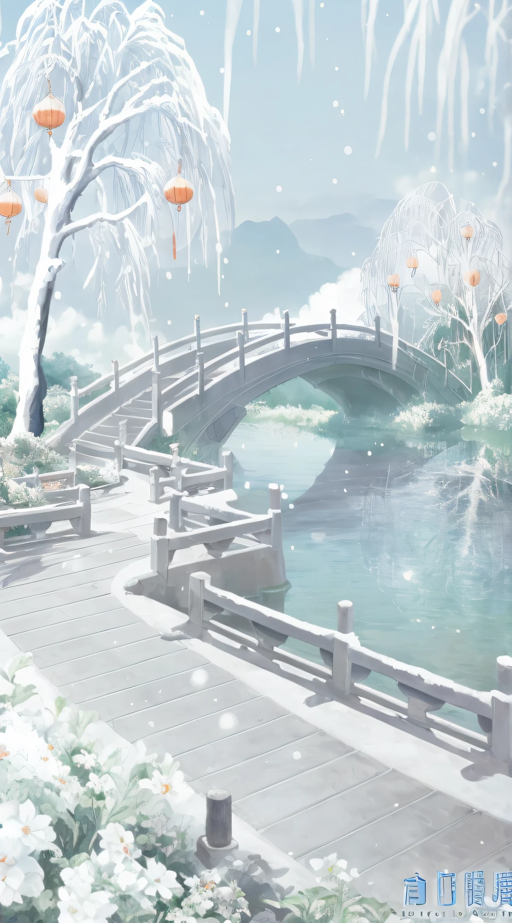 There is a painting,The painting is of a bridge over the river,There are orange lanterns hanging on it, There are ancient Chinese buildings in the distance,anime beautiful peace scene, beautiful anime scenery, Anime background art, landscape artwork, anime backgrounds, beautiful anime scenes, Anime landscapes, Anime landscape concept art, Detailed scenery —width 672, A beautiful artwork illustration, anime landscape wallpapers, fairyland bridge, scenery art detailed, Arte conceitual de inverno