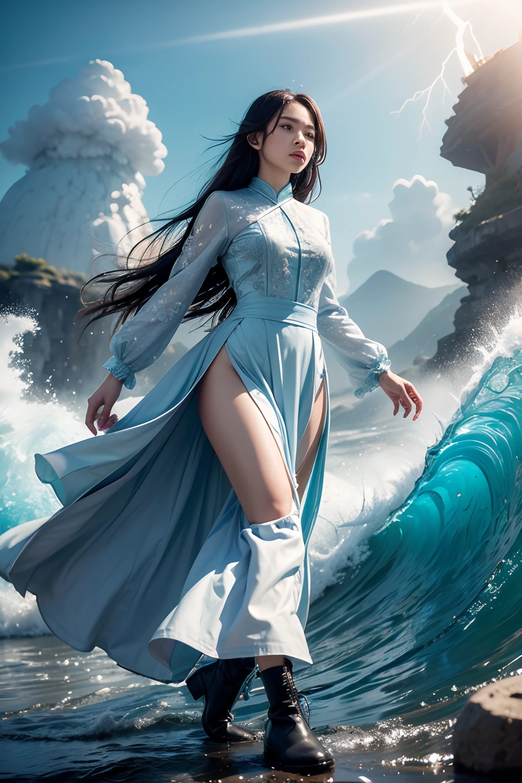Beautifull malay women in hijap, (skindentation:1.5), Realistic, Photorealistic, (masterpiece:1.5), concept art, intricate details, highly detailed, photorealistic, octane render, 8k, unreal engine, dynamic pose, best quality, highres, (realistic face:1.1), (hyperrealistic:1.1), ((full_body)), perfect eyes,(shiny skin:1.2), (((hairstyle))), (((perfect hands))), (extremely detailed background), ((dynamic background)), ((lightning)), (light rays), ((1girl)), 8k, dramatic angle, (fluttered detailed color splashs), (illustration), (((1 girl))), (black long hair), (rain:0.9), Hanfu, cheongsam, air accessories, colored ink drawing, (sketching:0.8), (denoising:0.6), [splash ink], ((ink refraction)), (beautiful detailed sky), background bokeh, beach, ((huge wave)), (masterpiece, best quality, extremely detailed), ((wearing pale blue fluffy dress)), (((long skirt))), (((long sleeves))), white boots, water magic, ((full body)), battle action