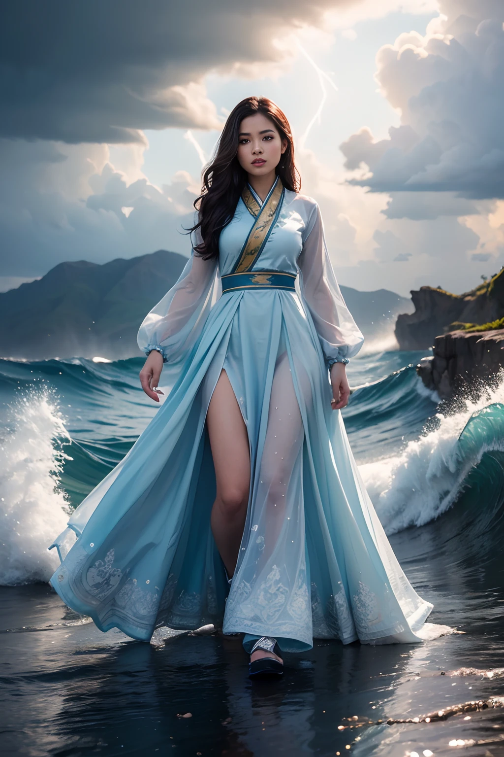 Beautifull malay women in hijap, (skindentation:1.5), Realistic, Photorealistic, (masterpiece:1.5), concept art, intricate details, highly detailed, photorealistic, octane render, 8k, unreal engine, dynamic pose, best quality, highres, (realistic face:1.1), (hyperrealistic:1.1), ((full_body)), perfect eyes,(shiny skin:1.2), (((hairstyle))), (((perfect hands))), (extremely detailed background), ((dynamic background)), ((lightning)), (light rays), ((1girl)), 8k, dramatic angle, (fluttered detailed color splashs), (illustration), (((1 girl))), (black long hair), (rain:0.9), Hanfu, cheongsam, air accessories, colored ink drawing, (sketching:0.8), (denoising:0.6), [splash ink], ((ink refraction)), (beautiful detailed sky), background bokeh, beach, ((huge wave)), (masterpiece, best quality, extremely detailed), ((wearing pale blue fluffy dress)), (((long skirt))), (((long sleeves))), white boots, water magic, ((full body)), battle action