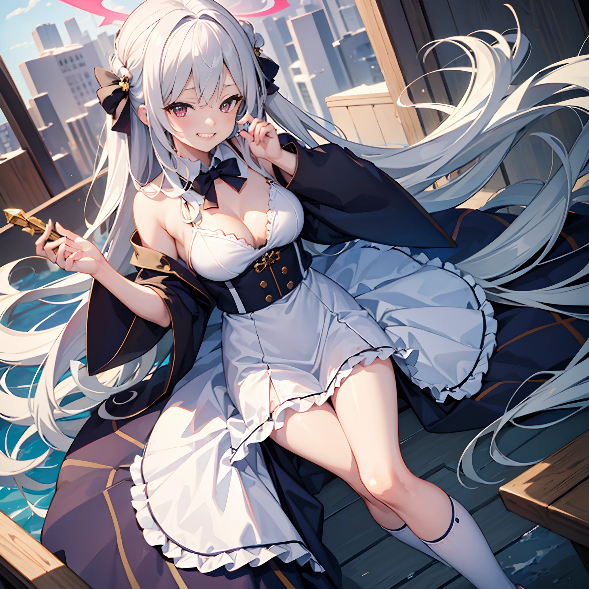 (Masterpiece, 8k, 1 girl, solo, Mutsuki, Blue_Archive, mature woman), white long hair, sidebangs, let down hair, hair between eyes, medium breasts, hair accessory, deep red eyes, casual outfit, cute white dress, long skirt, kneehighs, city in background, gorgeous girl, warm colours, halo above head, smirk, grinning, sexy pose, standing